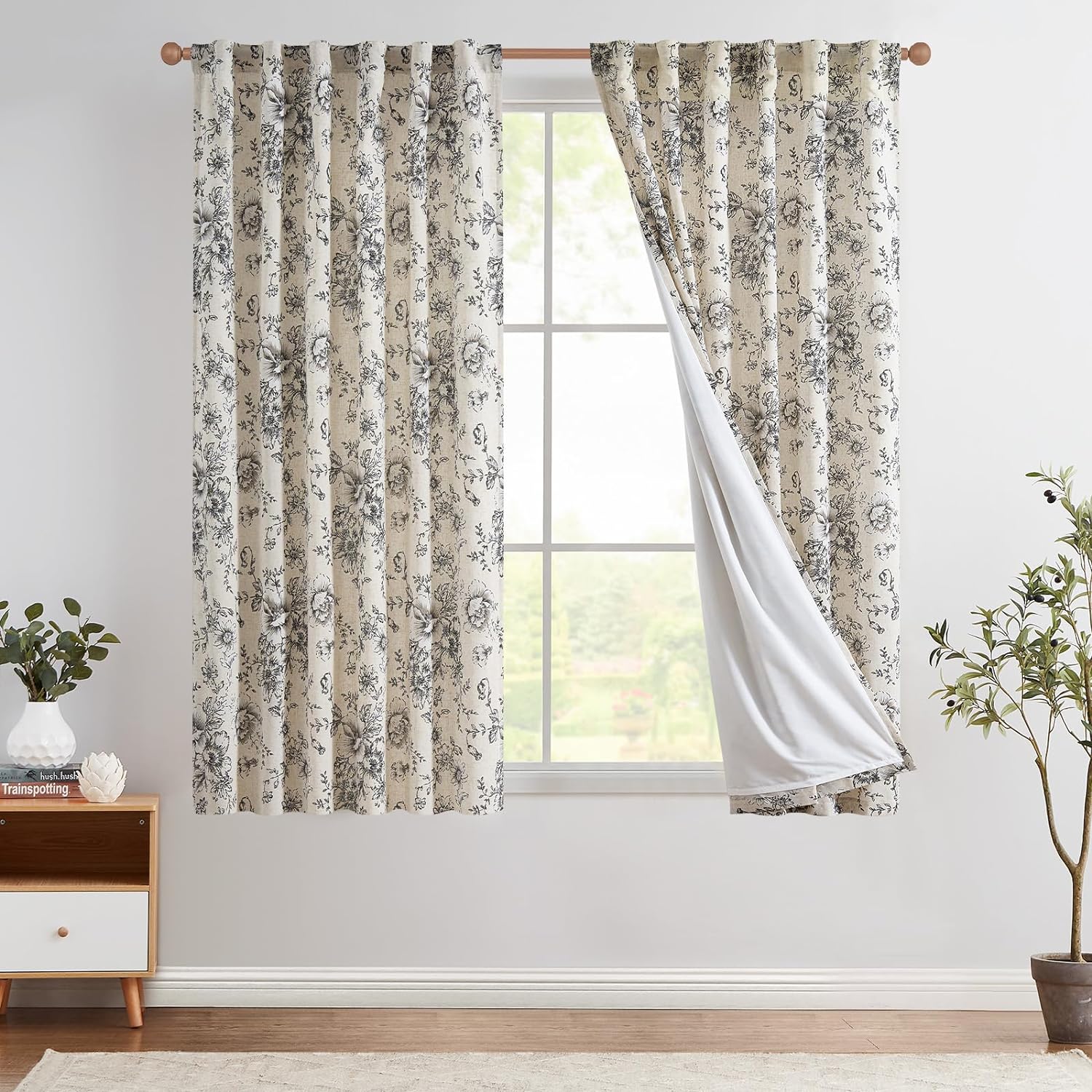 jinchan Linen Blend Curtain Floral Curtains for Living Room 108 Inch Length Black Printed Curtain Rod Pocket Back Tab Farmhouse Peony Flower Patterned Drapes Bedroom Window Curtains Set 2 Panels