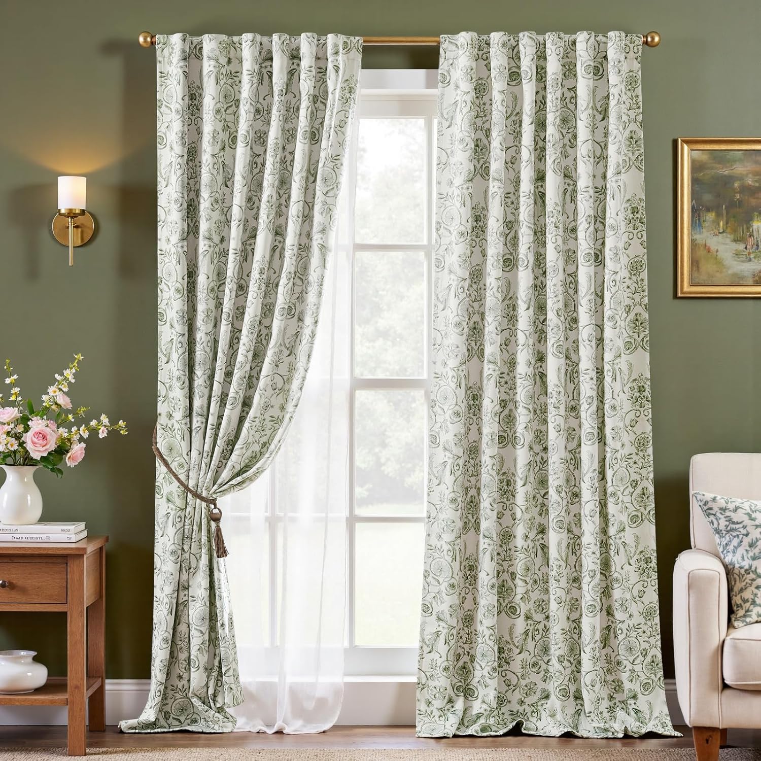 jinchan Floral Blackout Curtains for Bedroom Living Room 84 Inches Length Farmhouse Curtains Room Darkening Vintage Drapes Traditional Rod Pocket Window Treatment 2 Panels Set Sage Green on Beige