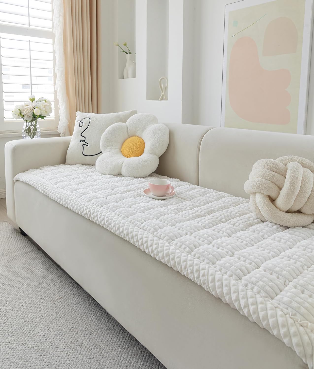 Couch Cover for Dogs Washable, Fuzzy Pet Cover for Sofa, Covers for 3 Cushion Couch Pet Friendly, Non Slip Dog Bed Mat Blanket (White, 27.6x82.7 inch)
