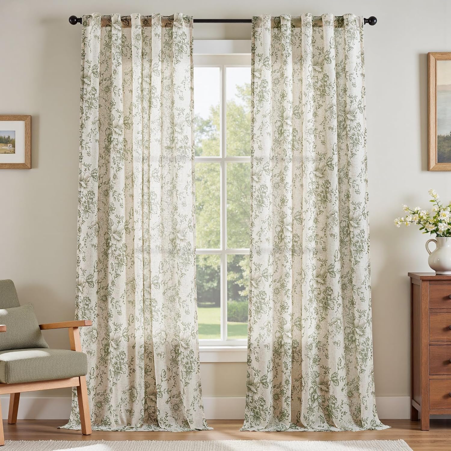 jinchan Linen Blend Curtain Floral Curtains for Living Room 108 Inch Length Black Printed Curtain Rod Pocket Back Tab Farmhouse Peony Flower Patterned Drapes Bedroom Window Curtains Set 2 Panels