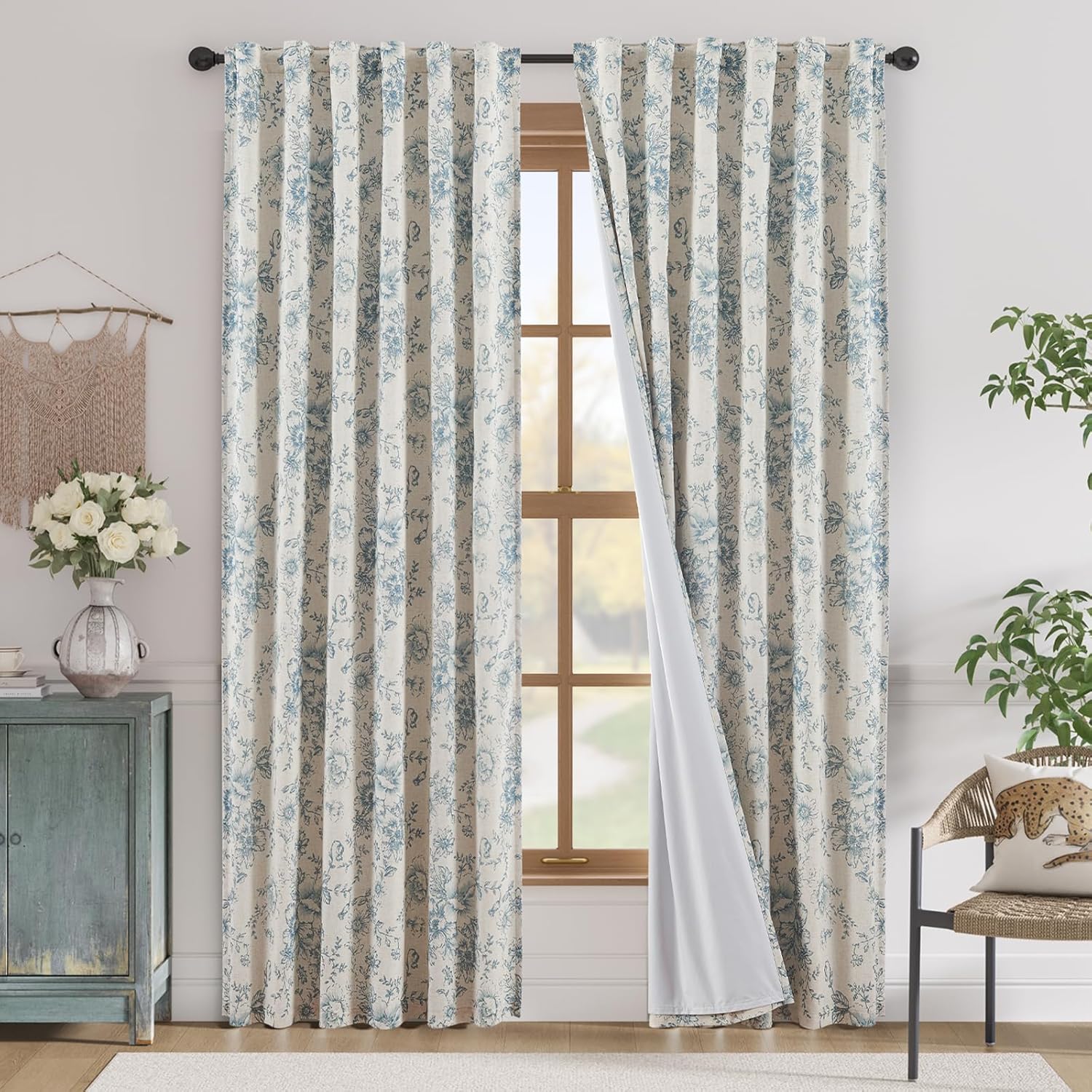 jinchan Linen Blend Curtain Floral Curtains for Living Room 108 Inch Length Black Printed Curtain Rod Pocket Back Tab Farmhouse Peony Flower Patterned Drapes Bedroom Window Curtains Set 2 Panels