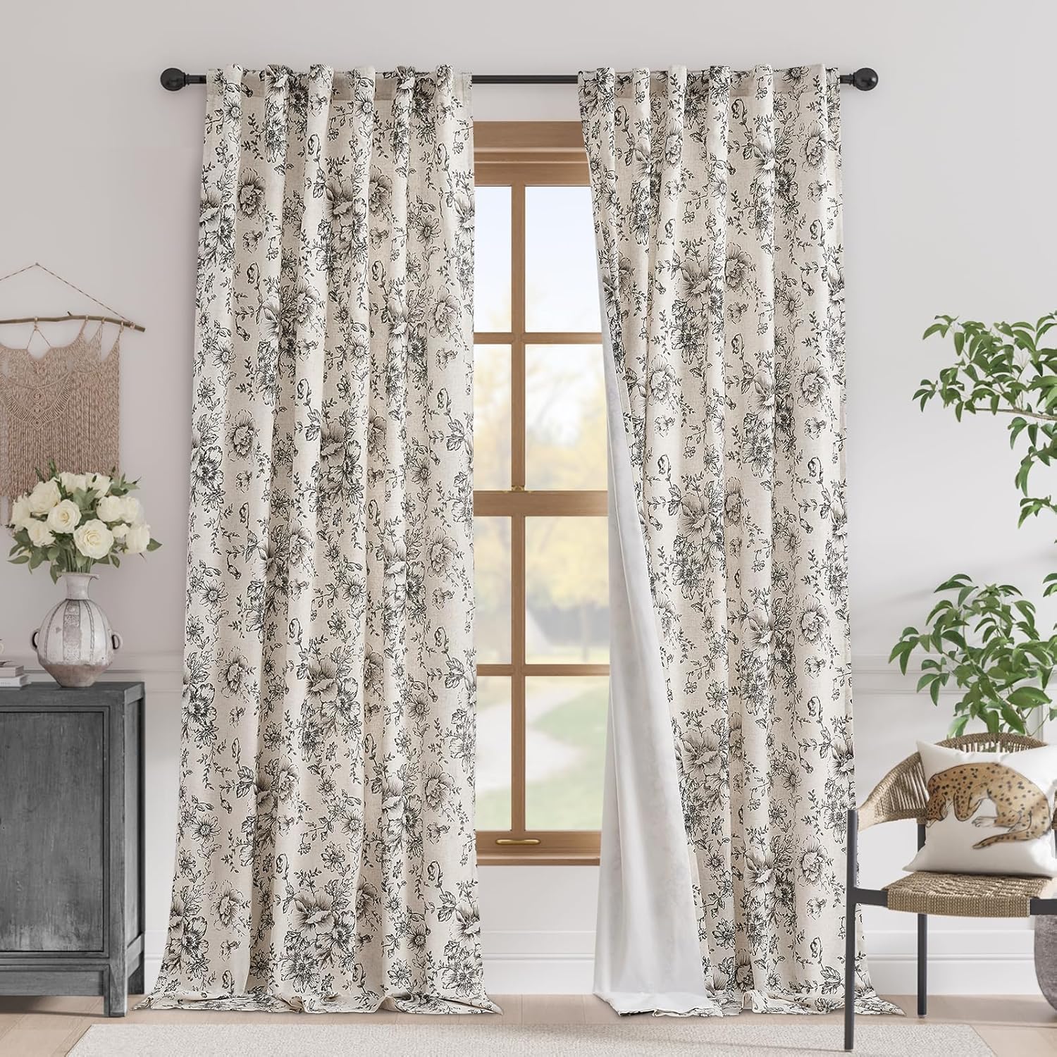 jinchan Linen Blend Curtain Floral Curtains for Living Room 108 Inch Length Black Printed Curtain Rod Pocket Back Tab Farmhouse Peony Flower Patterned Drapes Bedroom Window Curtains Set 2 Panels