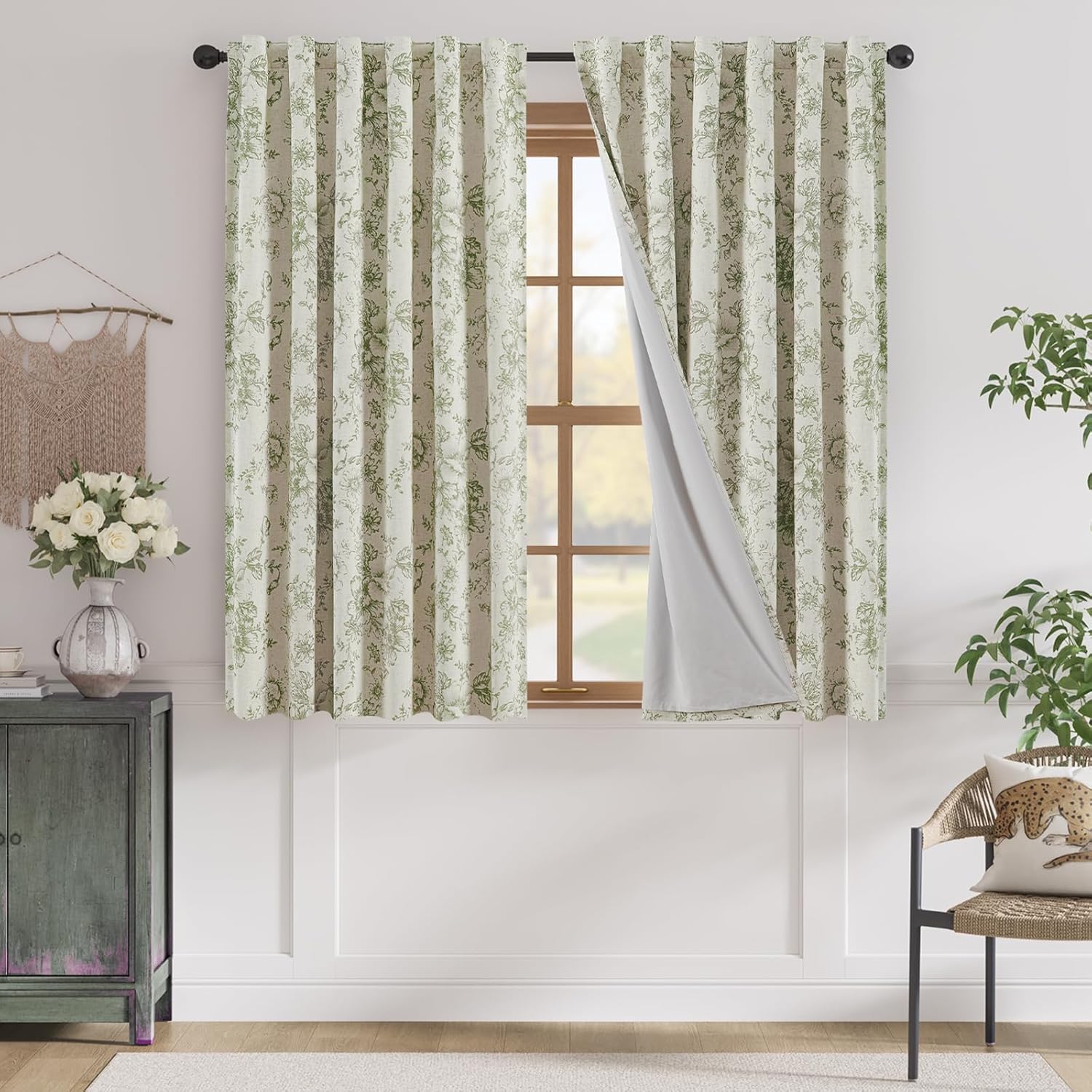 jinchan Linen Blend Curtain Floral Curtains for Living Room 108 Inch Length Black Printed Curtain Rod Pocket Back Tab Farmhouse Peony Flower Patterned Drapes Bedroom Window Curtains Set 2 Panels