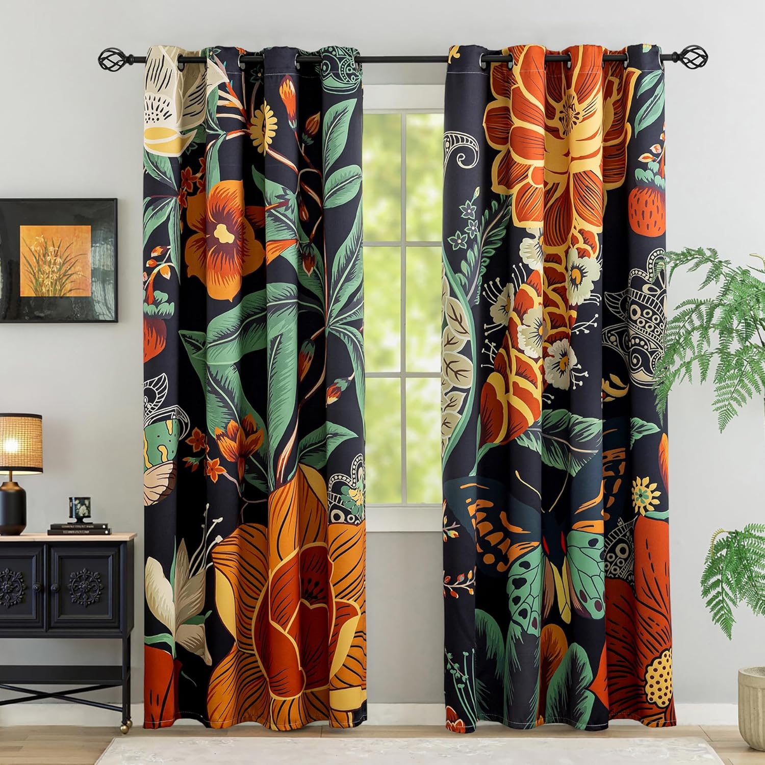 Black Boho Floral 100% Blackout Curtains for Bedroom 96 inch Long 2 Panels Mid Century Botanical Black Out Curtains for Living Room Grommet Thermal Insulated Room Darkening Window Drapes,52Wx96L