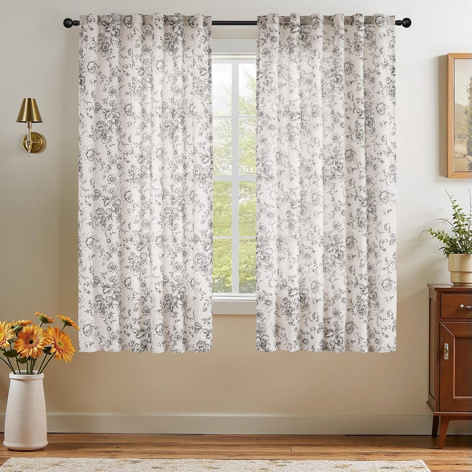 jinchan Linen Blend Curtain Floral Curtains for Living Room 108 Inch Length Black Printed Curtain Rod Pocket Back Tab Farmhouse Peony Flower Patterned Drapes Bedroom Window Curtains Set 2 Panels