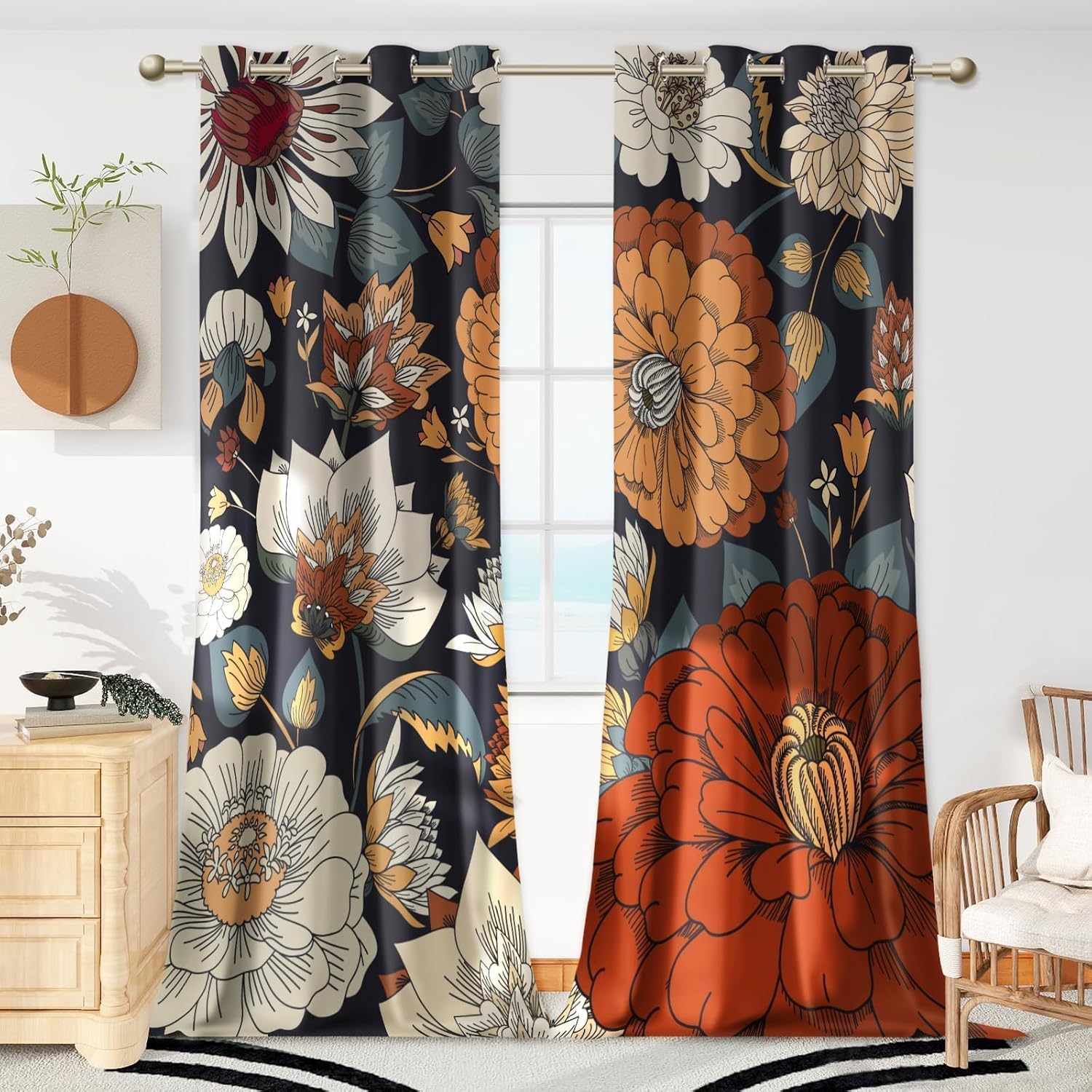Black Boho Floral 100% Blackout Curtains for Bedroom 96 inch Long 2 Panels Mid Century Botanical Black Out Curtains for Living Room Grommet Thermal Insulated Room Darkening Window Drapes,52Wx96L