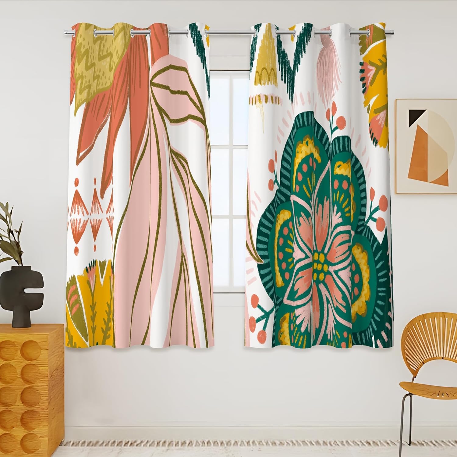 Black Boho Floral 100% Blackout Curtains for Bedroom 96 inch Long 2 Panels Mid Century Botanical Black Out Curtains for Living Room Grommet Thermal Insulated Room Darkening Window Drapes,52Wx96L