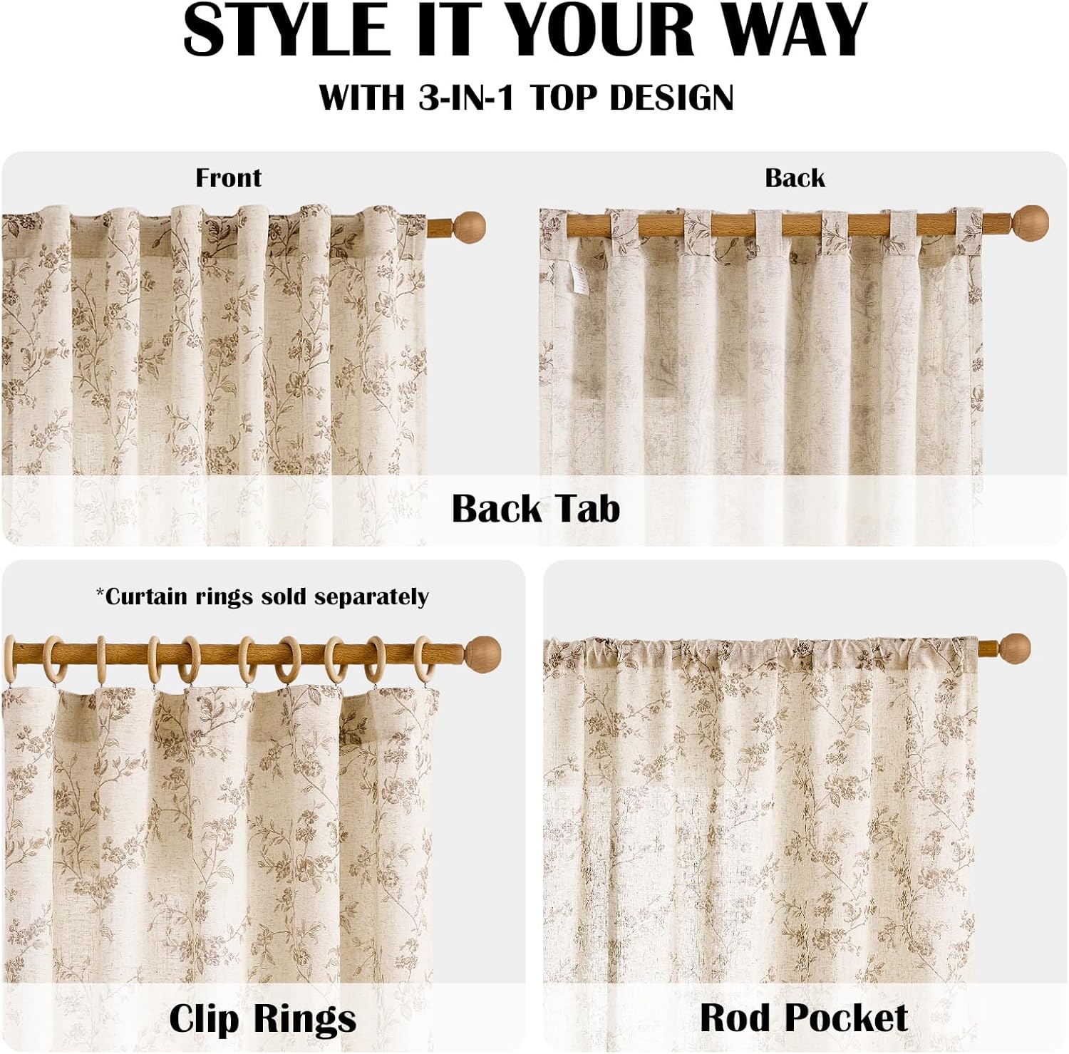 Lazzzy Taupe Floral Linen Curtains 84 Inch Farmhouse Curtain Back Tab Drapes for Living Room Bedroom Light Filtering Vintage Rod Pocket Curtains Fall Decorations for Home, 2 Panels, Taupe on Beige