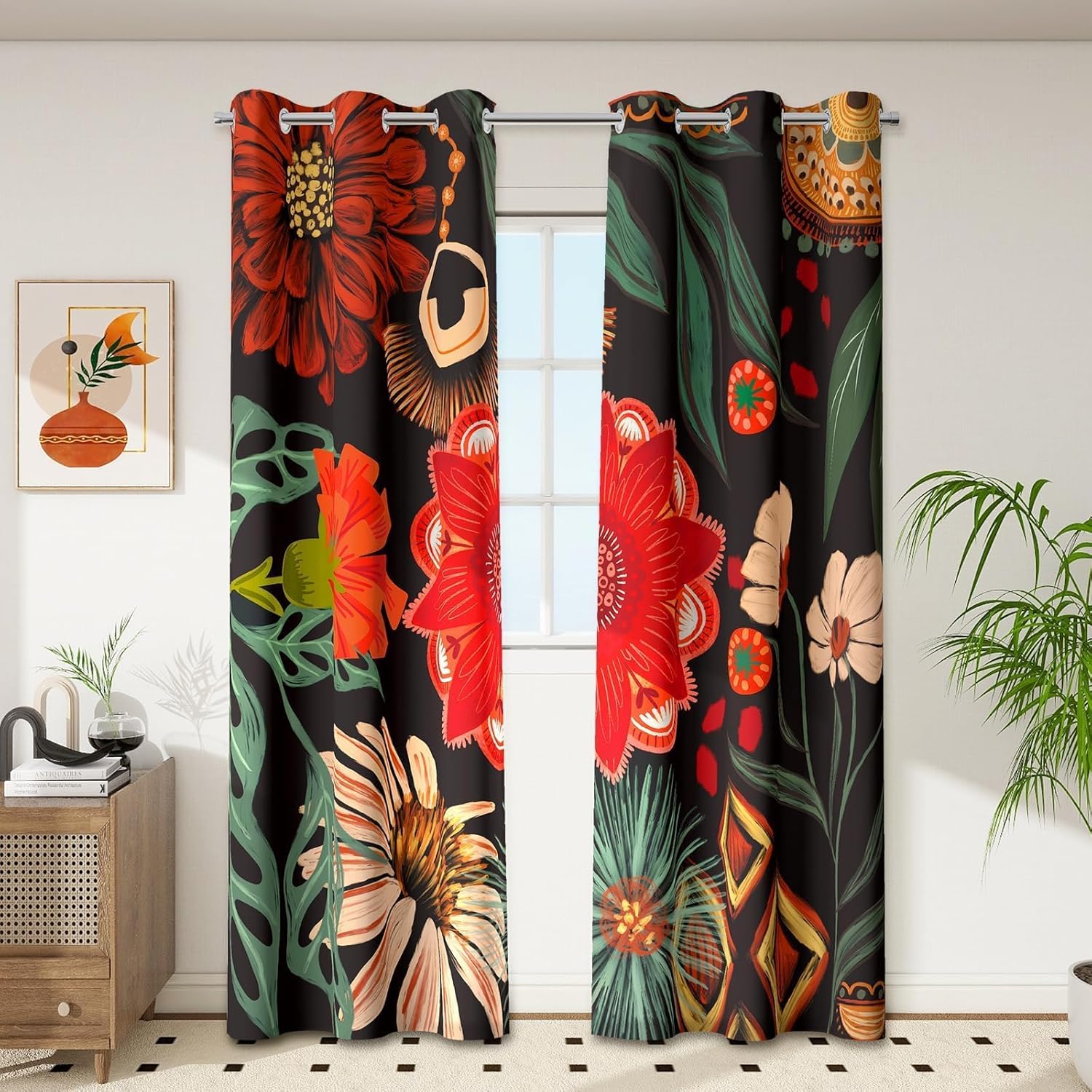 Black Boho Floral 100% Blackout Curtains for Bedroom 96 inch Long 2 Panels Mid Century Botanical Black Out Curtains for Living Room Grommet Thermal Insulated Room Darkening Window Drapes,52Wx96L