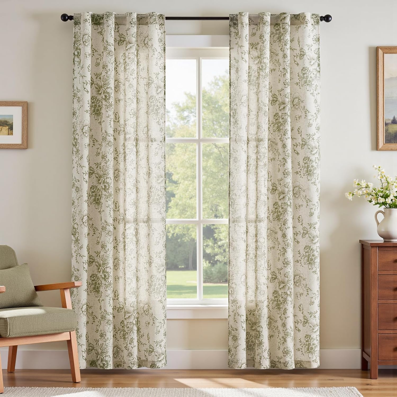 jinchan Linen Blend Curtain Floral Curtains for Living Room 108 Inch Length Black Printed Curtain Rod Pocket Back Tab Farmhouse Peony Flower Patterned Drapes Bedroom Window Curtains Set 2 Panels