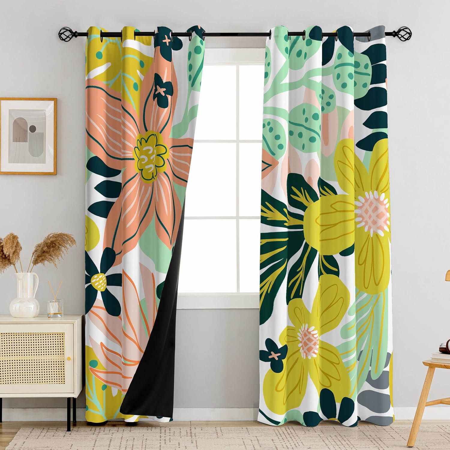 Black Boho Floral 100% Blackout Curtains for Bedroom 96 inch Long 2 Panels Mid Century Botanical Black Out Curtains for Living Room Grommet Thermal Insulated Room Darkening Window Drapes,52Wx96L