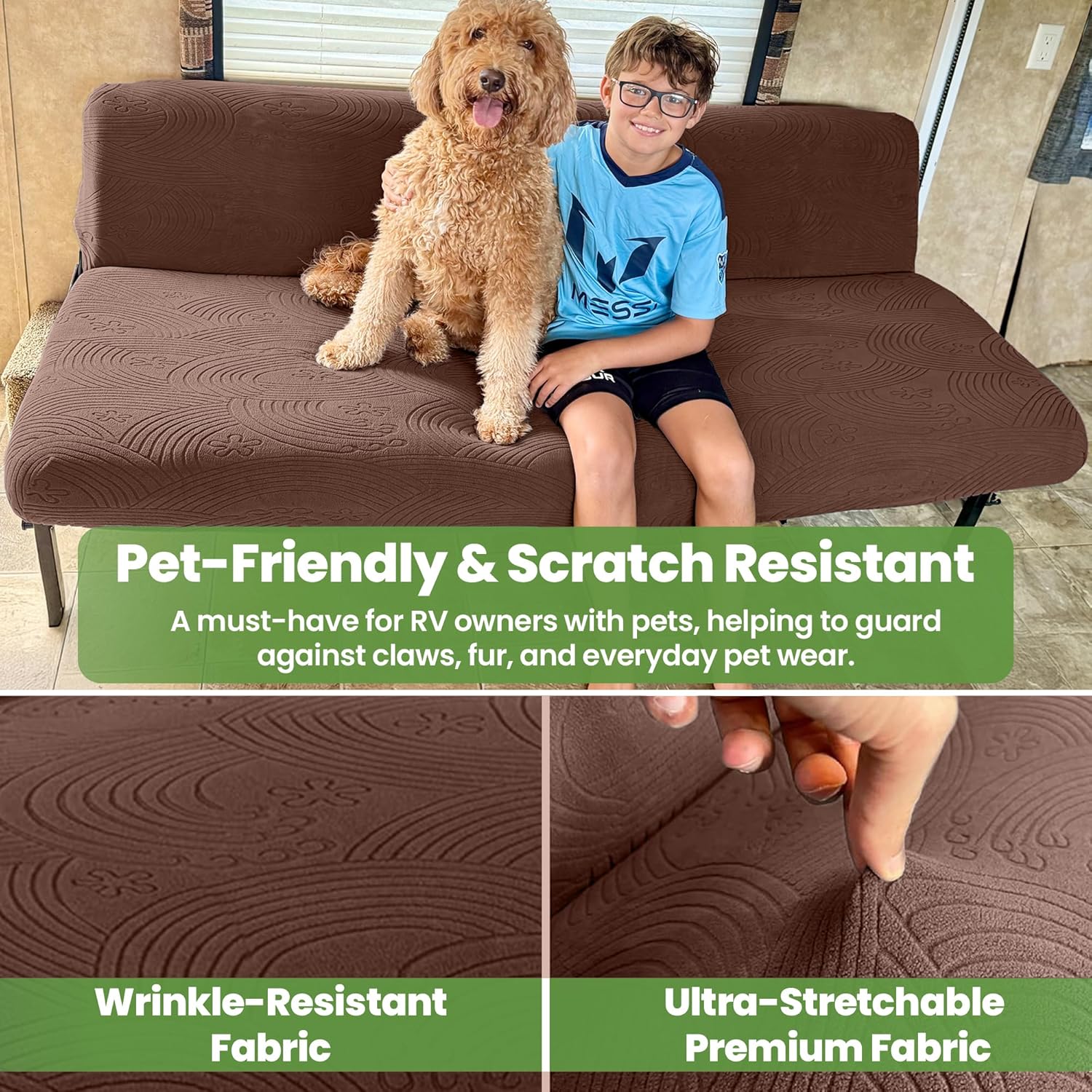 Hudson Comfort RV Couch Covers for Sofa Bed – 2-Piece Backrest and Seat Covers Ideal for Jackknife – Camper Slip Covers for RV Furniture – Super Stretchable Fabric with 1cm Elastic (Chocolate)