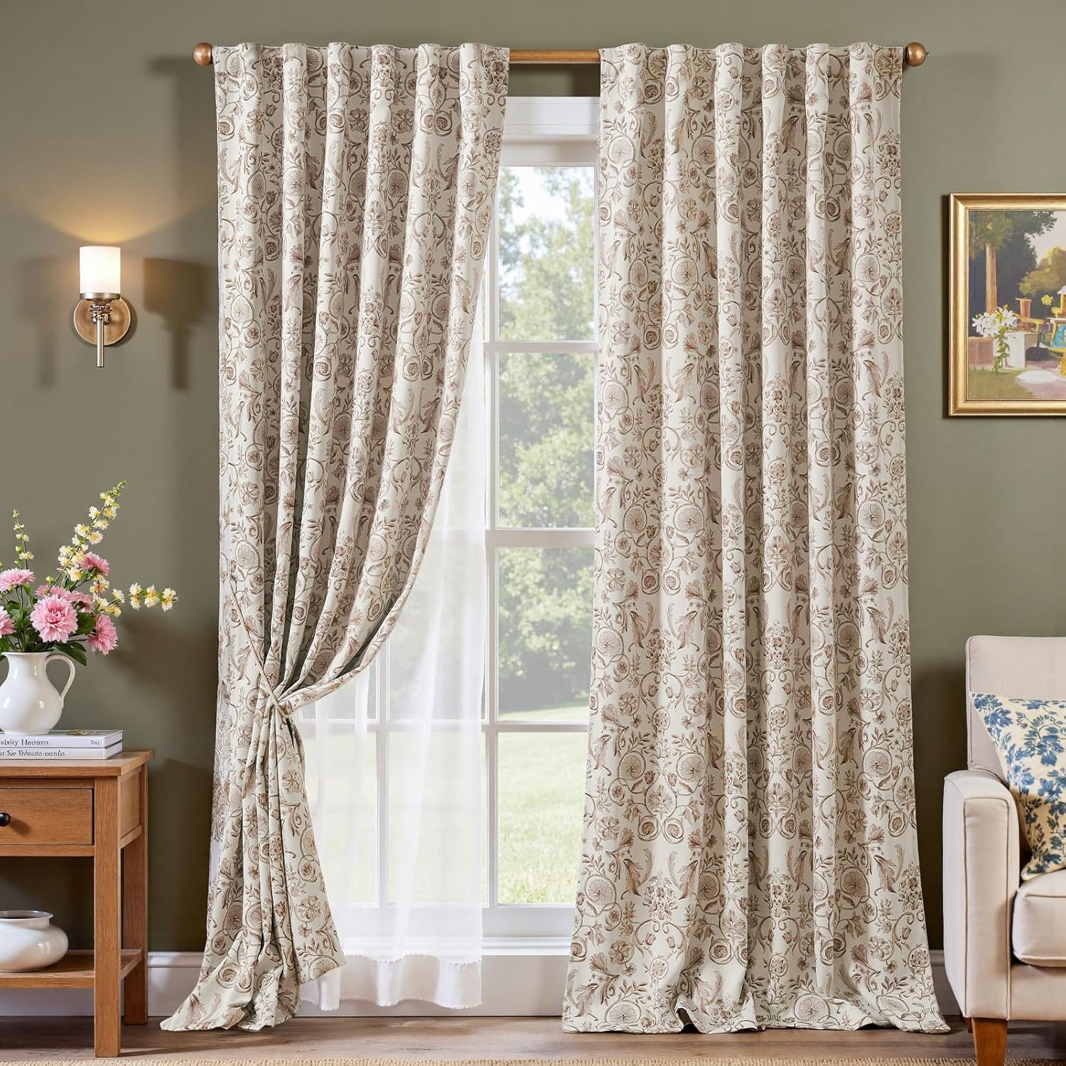 jinchan Floral Blackout Curtains for Bedroom Living Room 84 Inches Length Farmhouse Curtains Room Darkening Vintage Drapes Traditional Rod Pocket Window Treatment 2 Panels Set Sage Green on Beige