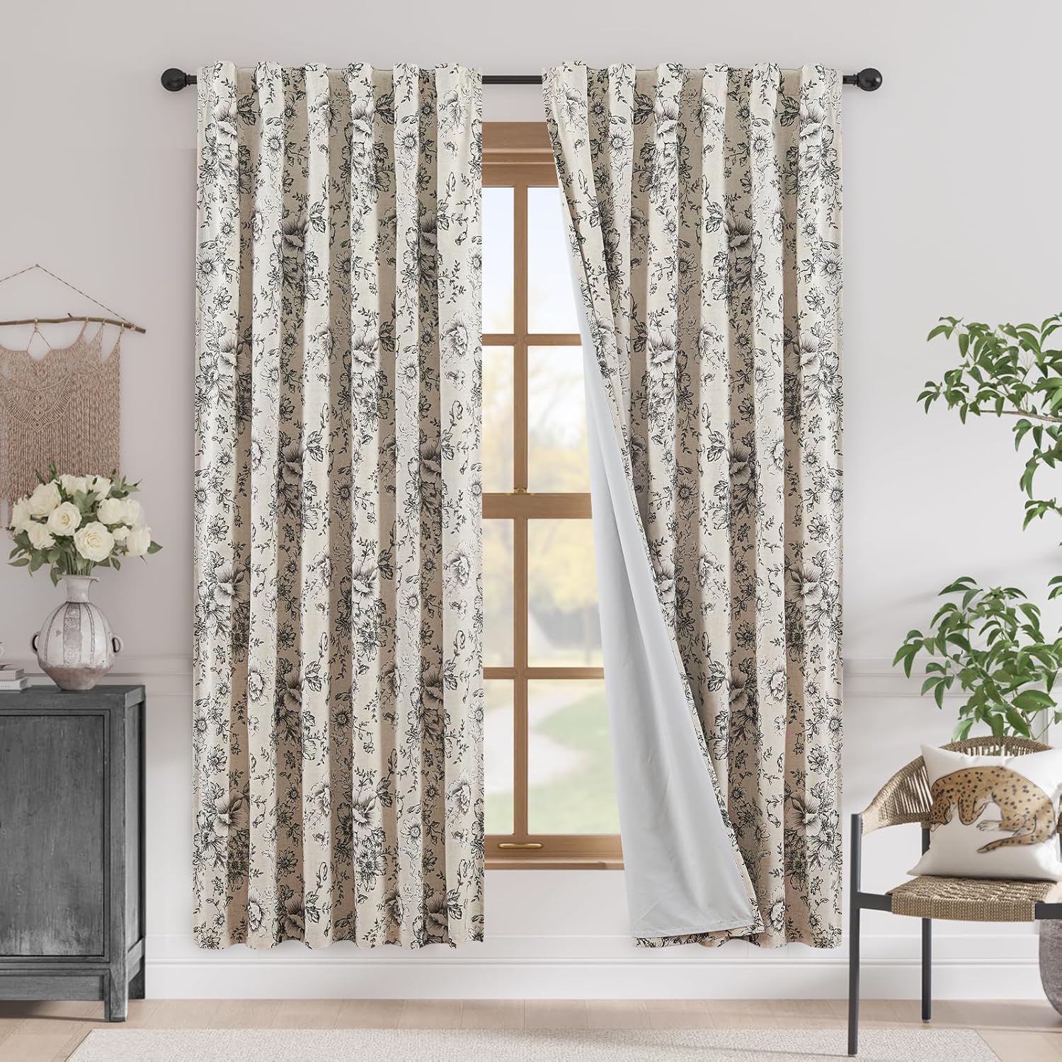 jinchan Linen Blend Curtain Floral Curtains for Living Room 108 Inch Length Black Printed Curtain Rod Pocket Back Tab Farmhouse Peony Flower Patterned Drapes Bedroom Window Curtains Set 2 Panels