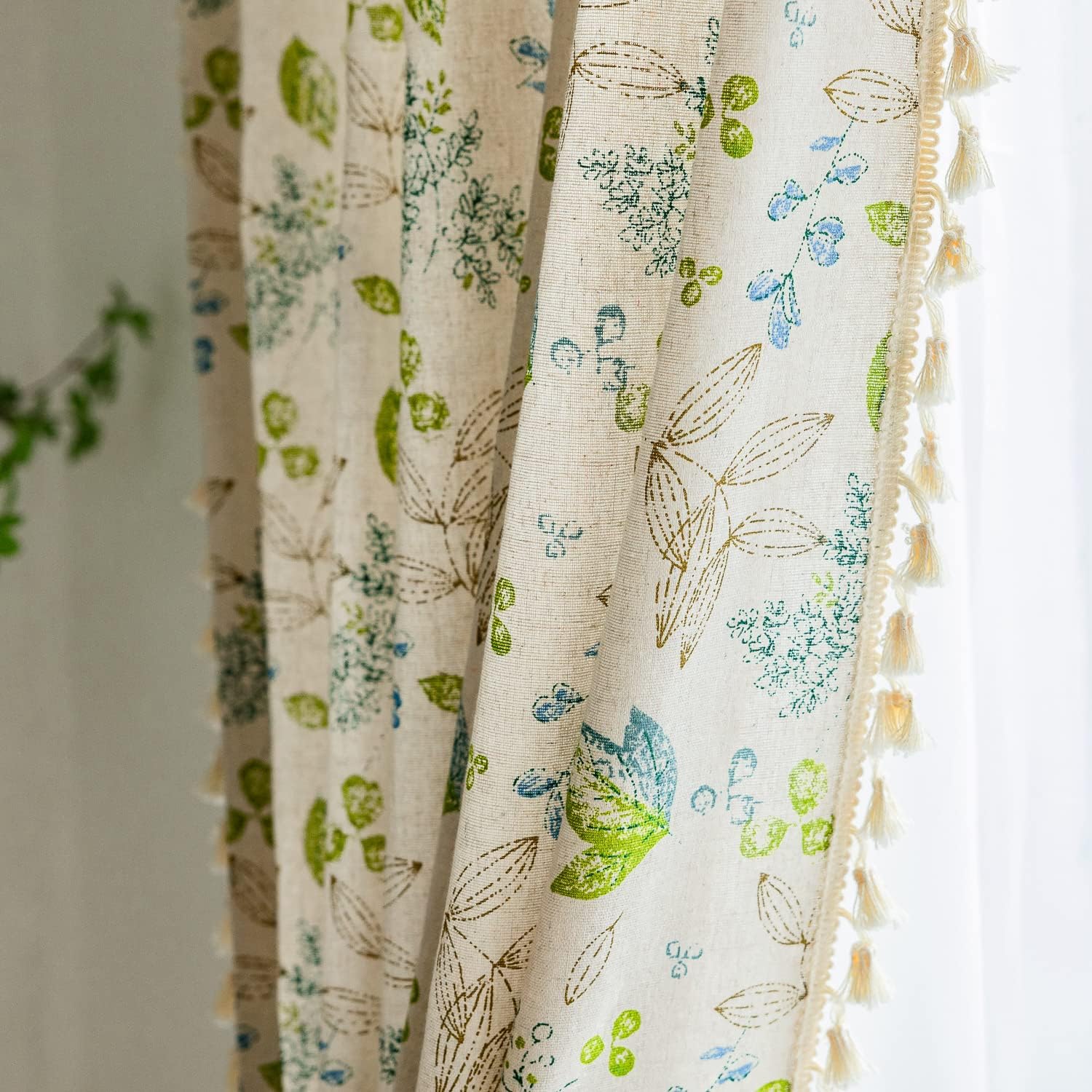 ENJOYBRIDAL Floral Bedroom Curtains 84 Inch Length 2 Panels Set Farmhouse Semi Sheer Living Room Drapes Cotton Linen Blend Bohemian Window Curtain Panels with Tassel Beige Rod Pocket Drapes