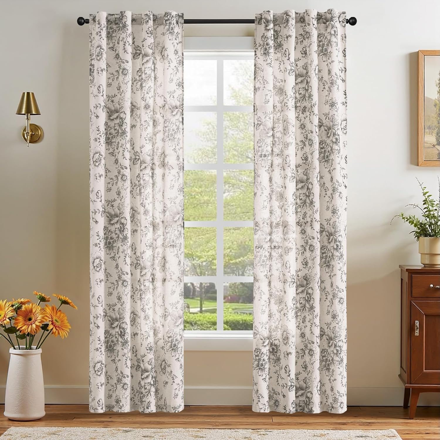jinchan Linen Blend Curtain Floral Curtains for Living Room 108 Inch Length Black Printed Curtain Rod Pocket Back Tab Farmhouse Peony Flower Patterned Drapes Bedroom Window Curtains Set 2 Panels