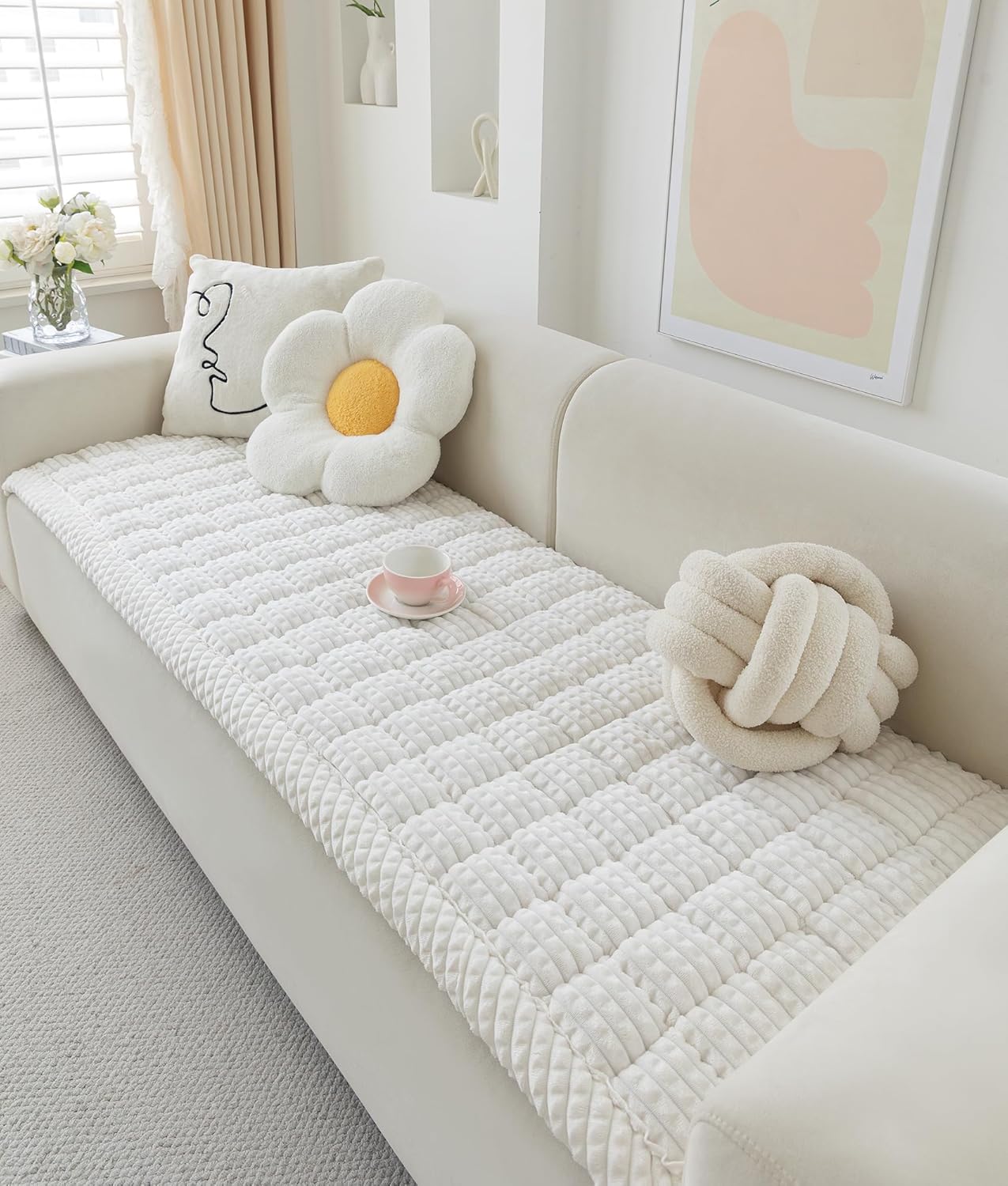 Couch Cover for Dogs Washable, Fuzzy Pet Cover for Sofa, Covers for 3 Cushion Couch Pet Friendly, Non Slip Dog Bed Mat Blanket (White, 27.6x82.7 inch)