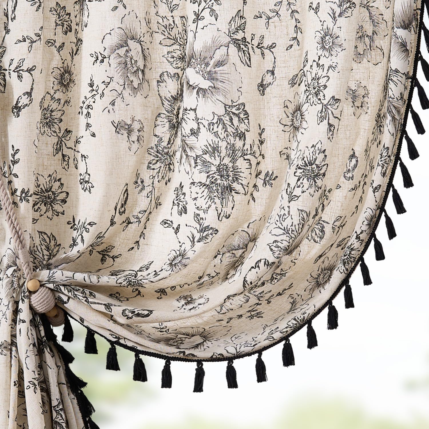 jinchan Linen Blend Curtain Floral Curtains for Living Room 108 Inch Length Black Printed Curtain Rod Pocket Back Tab Farmhouse Peony Flower Patterned Drapes Bedroom Window Curtains Set 2 Panels