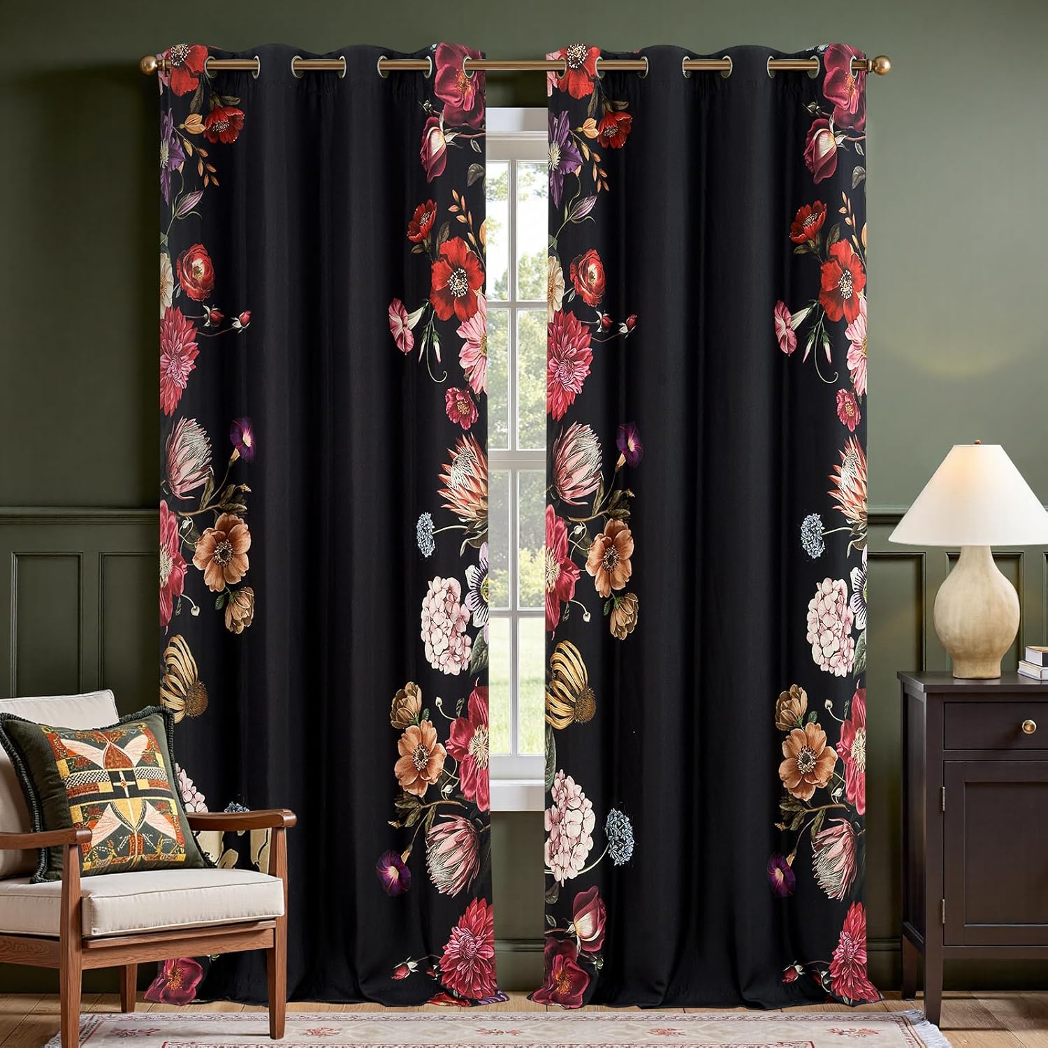 jinchan Lora Floral Curtains for Bedroom Blackout Drapes for Living Room Darkening Fabric Fall Decor Winter Vintage Flower Pattern Printed Window Curtains 84 Inches Length 2 Panels with Grommet Black