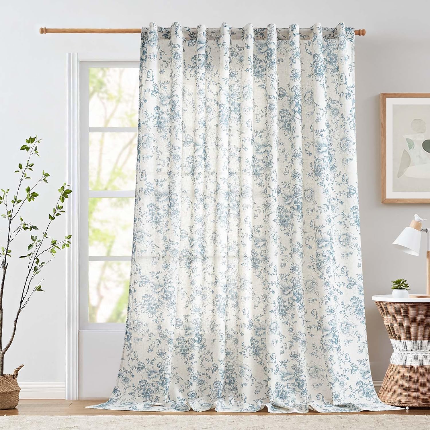 jinchan Linen Blend Curtain Floral Curtains for Living Room 108 Inch Length Black Printed Curtain Rod Pocket Back Tab Farmhouse Peony Flower Patterned Drapes Bedroom Window Curtains Set 2 Panels