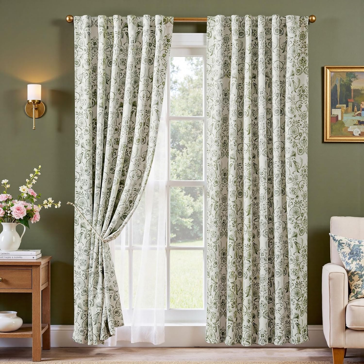 jinchan Floral Blackout Curtains for Bedroom Living Room 84 Inches Length Farmhouse Curtains Room Darkening Vintage Drapes Traditional Rod Pocket Window Treatment 2 Panels Set Sage Green on Beige