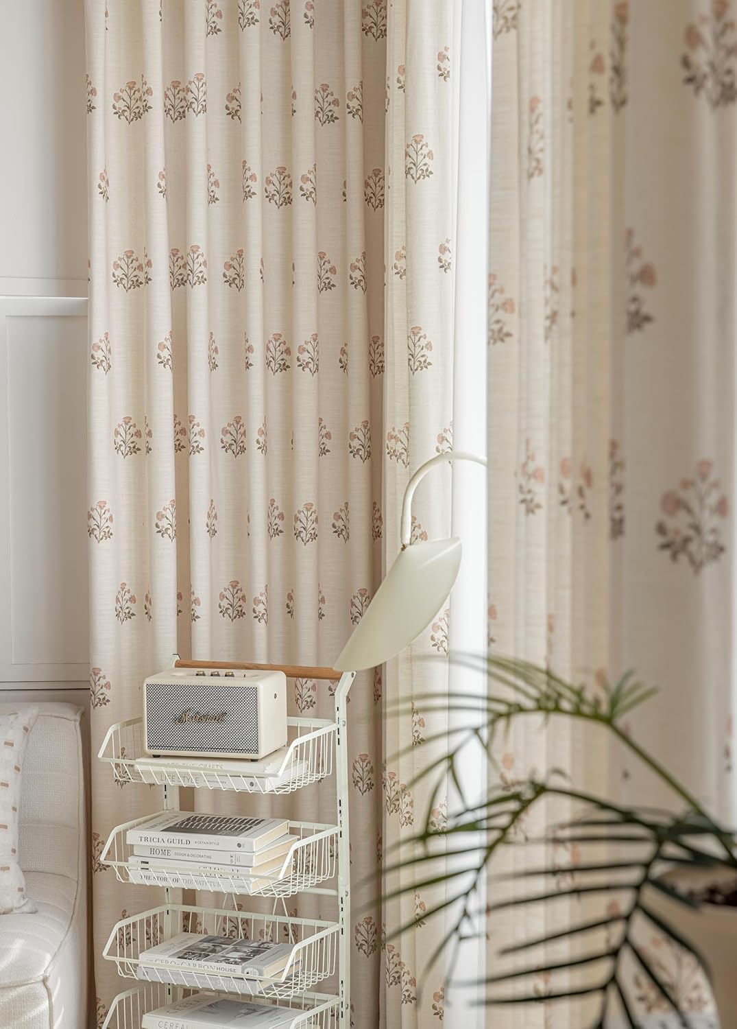 Linen Blend Pinch Pleated Curtains for Living Room, Bedroom, Dining Room - Light Filtering Curtains 2 Panels Set - Luxury and Modern Floral Printed Design - Beige White, 30" W x 96" L