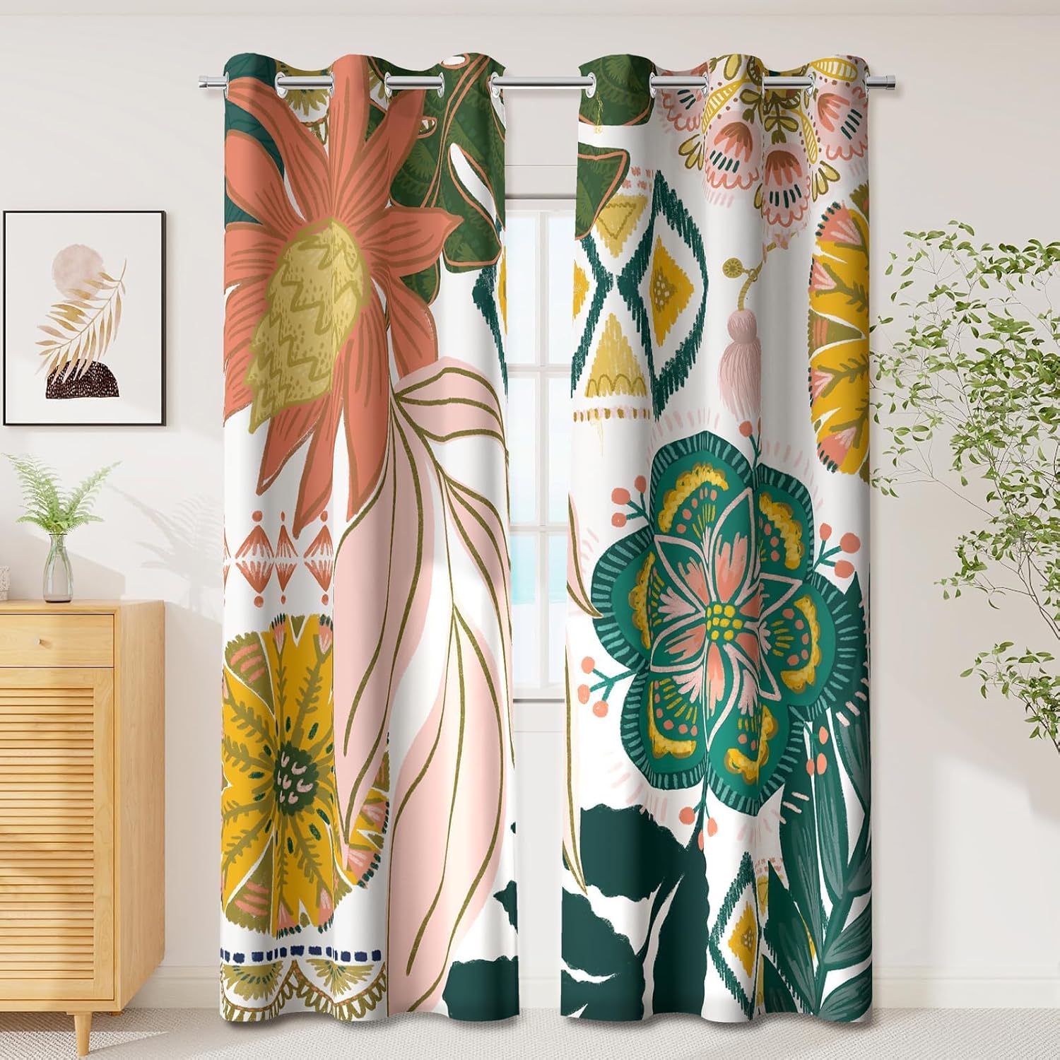 Black Boho Floral 100% Blackout Curtains for Bedroom 96 inch Long 2 Panels Mid Century Botanical Black Out Curtains for Living Room Grommet Thermal Insulated Room Darkening Window Drapes,52Wx96L