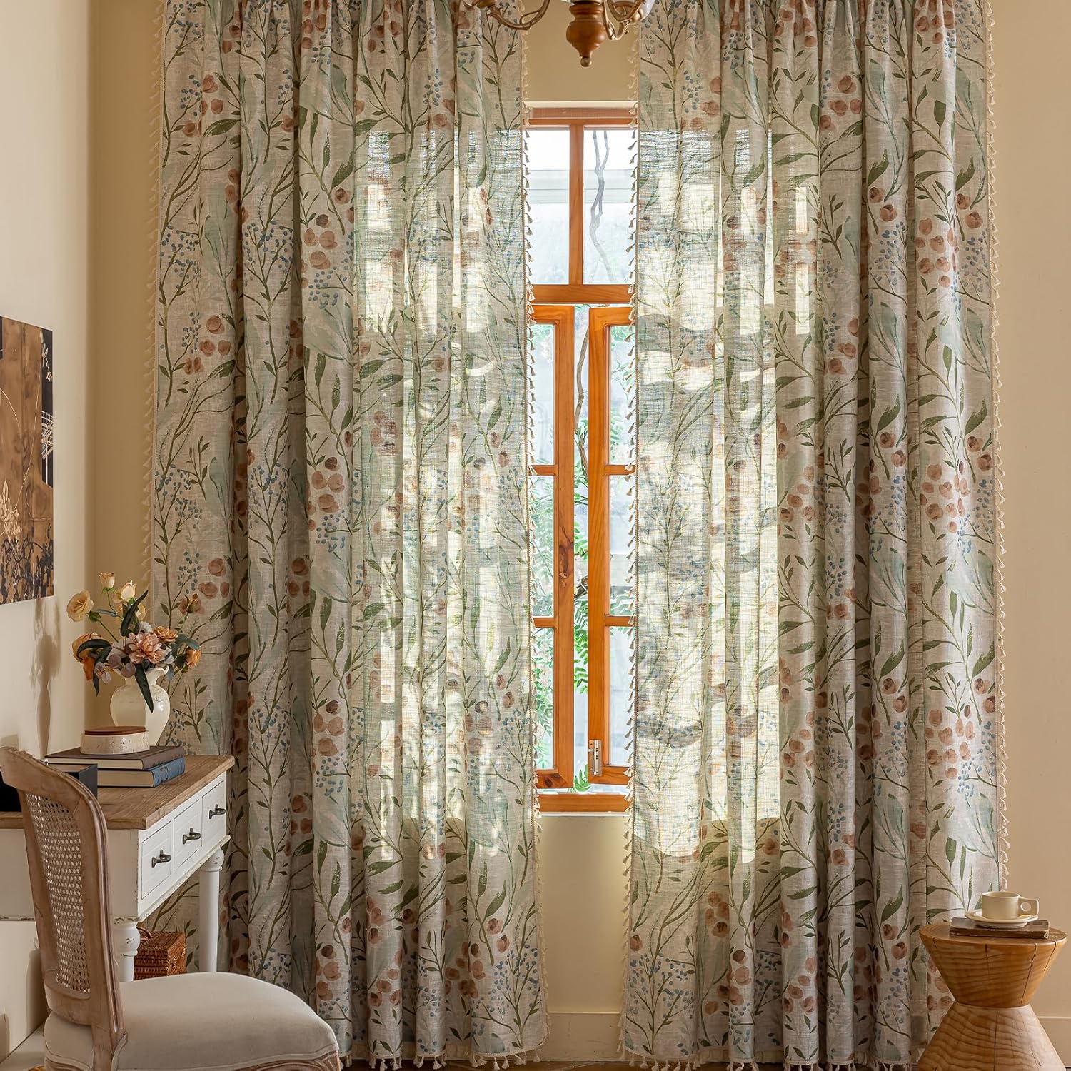 ENJOYBRIDAL Floral Bedroom Curtains 84 Inch Length 2 Panels Set Farmhouse Semi Sheer Living Room Drapes Cotton Linen Blend Bohemian Window Curtain Panels with Tassel Beige Rod Pocket Drapes