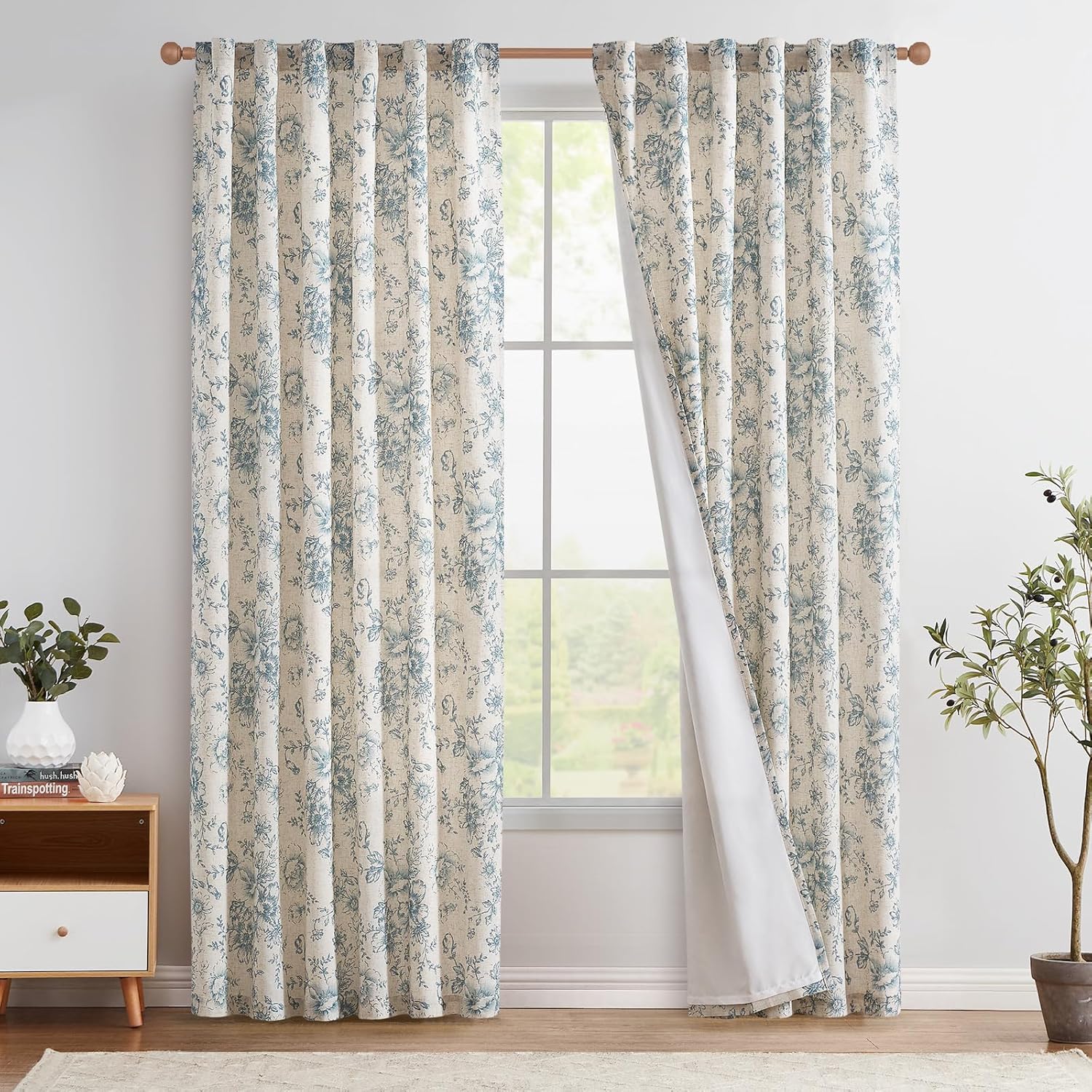 jinchan Linen Blend Curtain Floral Curtains for Living Room 108 Inch Length Black Printed Curtain Rod Pocket Back Tab Farmhouse Peony Flower Patterned Drapes Bedroom Window Curtains Set 2 Panels