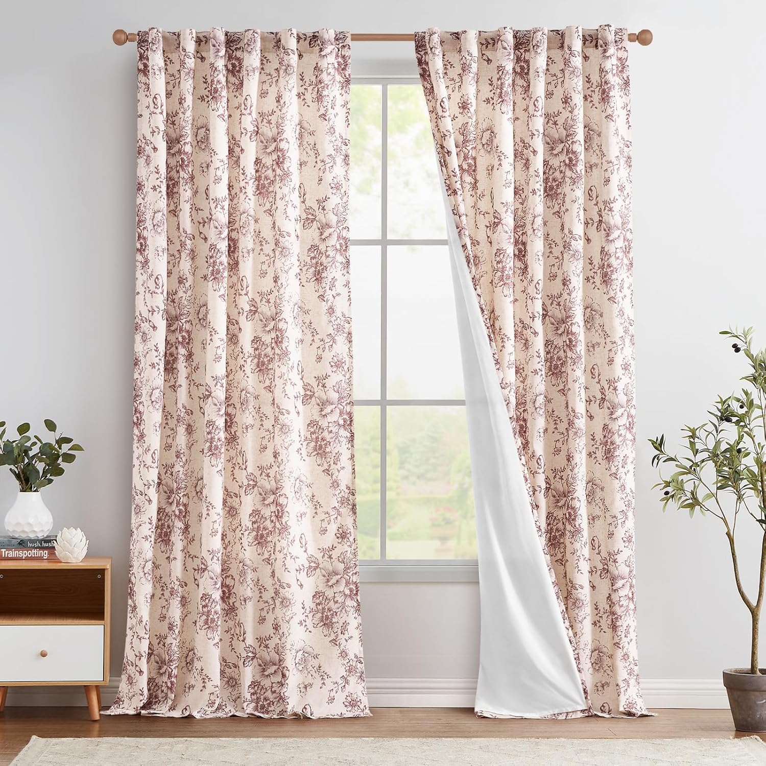 jinchan Linen Blend Curtain Floral Curtains for Living Room 108 Inch Length Black Printed Curtain Rod Pocket Back Tab Farmhouse Peony Flower Patterned Drapes Bedroom Window Curtains Set 2 Panels
