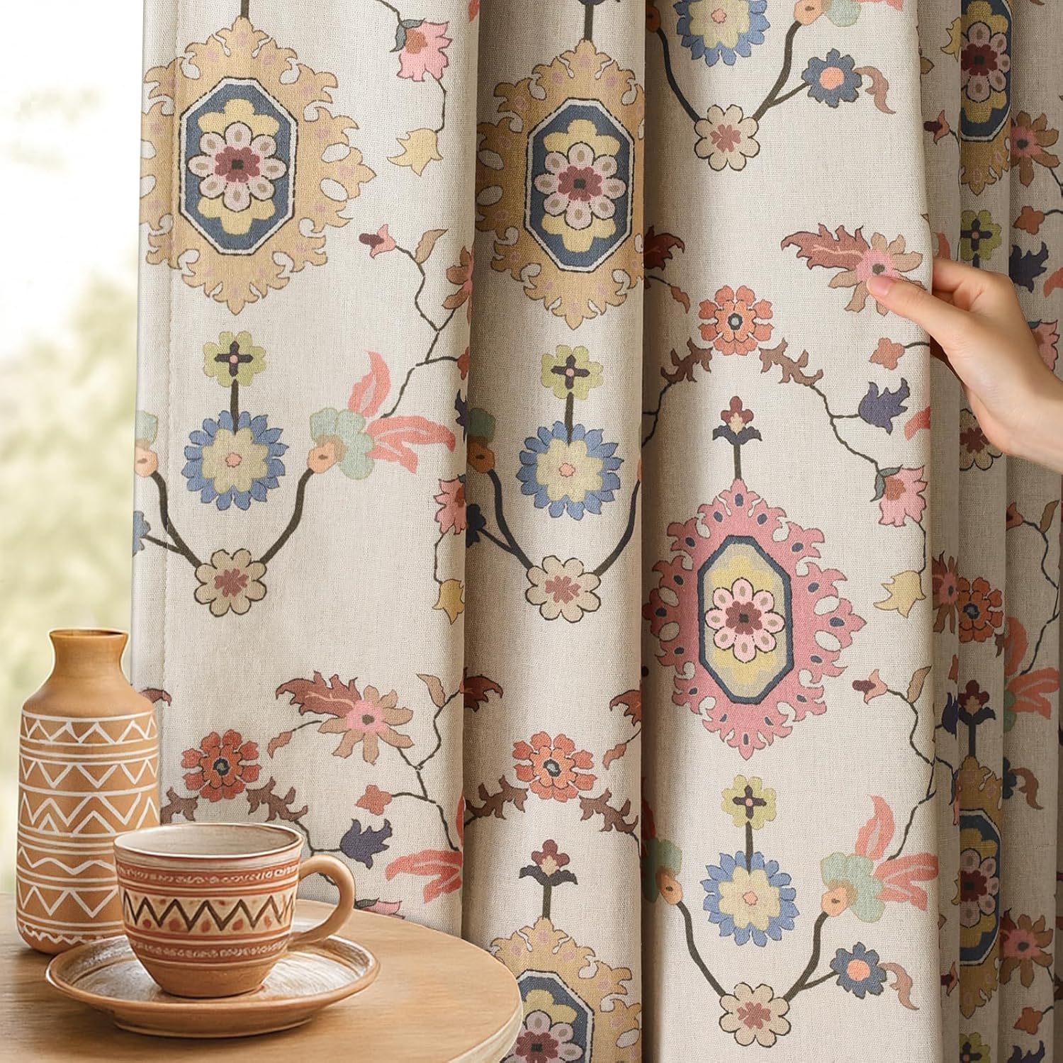 Boho Floral 100% Blackout Curtains 84 Inch Length 2 Panels Set, Linen Texture Farmhouse Curtains Beige Tassel for Living Room Bedroom Vintage Rustic Patterned Printed Western Rod Pocket