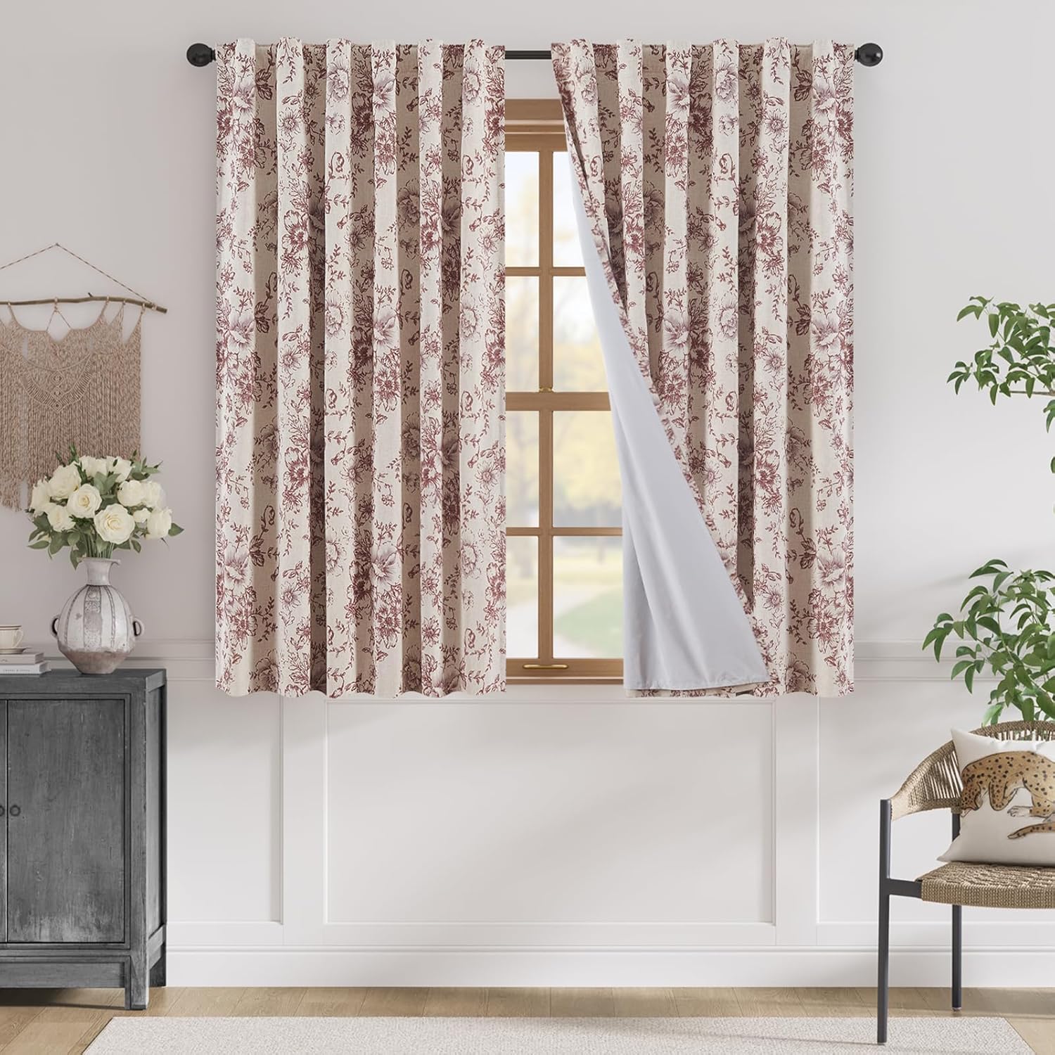 jinchan Linen Blend Curtain Floral Curtains for Living Room 108 Inch Length Black Printed Curtain Rod Pocket Back Tab Farmhouse Peony Flower Patterned Drapes Bedroom Window Curtains Set 2 Panels