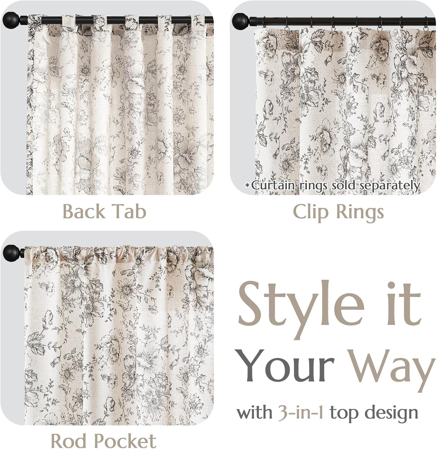 jinchan Linen Blend Curtain Floral Curtains for Living Room 108 Inch Length Black Printed Curtain Rod Pocket Back Tab Farmhouse Peony Flower Patterned Drapes Bedroom Window Curtains Set 2 Panels