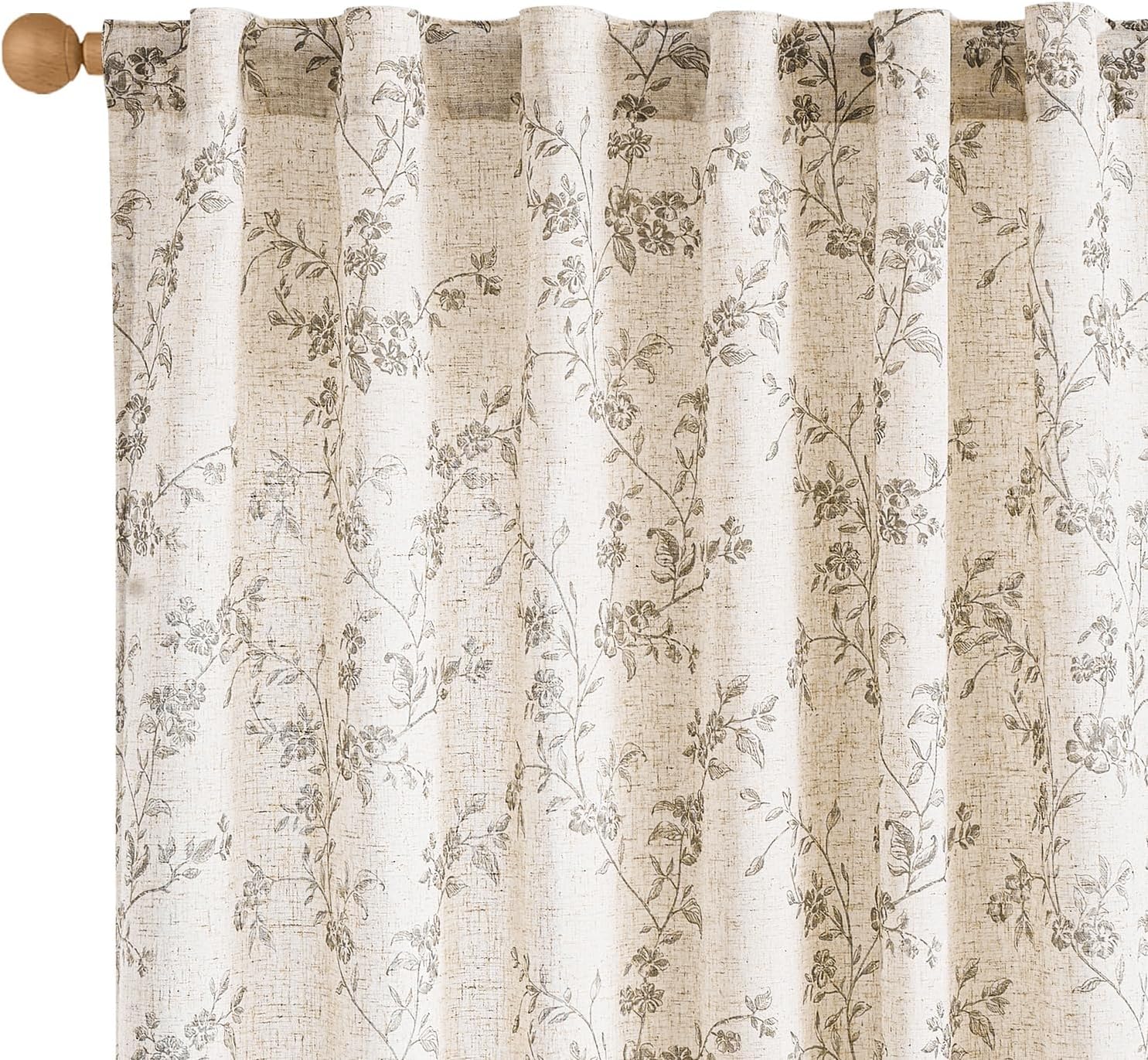 Lazzzy Taupe Floral Linen Curtains 84 Inch Farmhouse Curtain Back Tab Drapes for Living Room Bedroom Light Filtering Vintage Rod Pocket Curtains Fall Decorations for Home, 2 Panels, Taupe on Beige