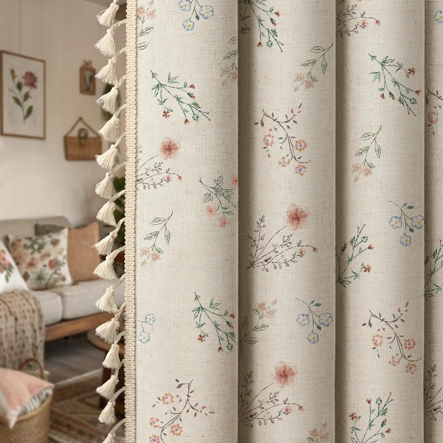 Boho Floral 100% Blackout Curtains 84 Inch Length 2 Panels Set, Linen Texture Farmhouse Curtains Beige Tassel for Living Room Bedroom Vintage Rustic Patterned Printed Western Rod Pocket