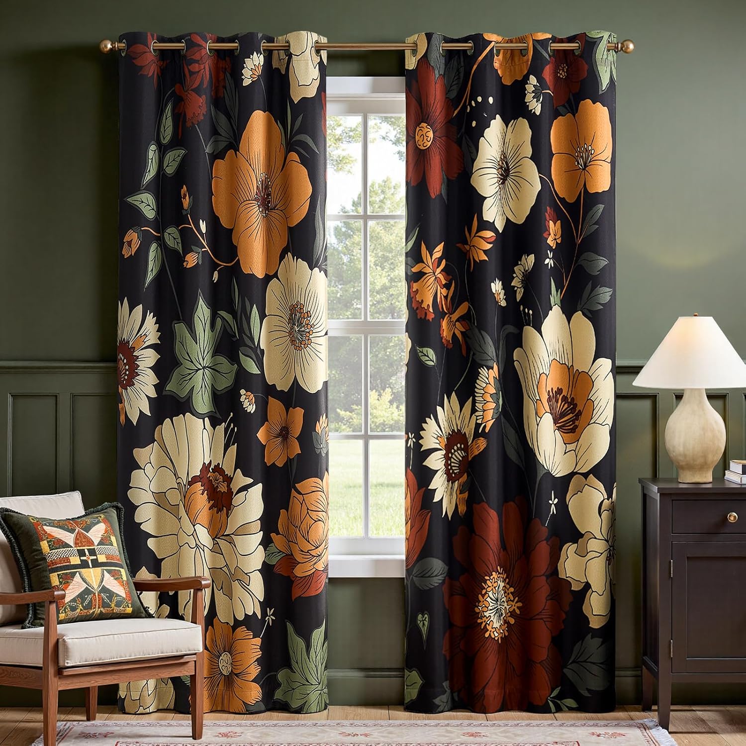 jinchan Lora Floral Curtains for Bedroom Blackout Drapes for Living Room Darkening Fabric Fall Decor Winter Vintage Flower Pattern Printed Window Curtains 84 Inches Length 2 Panels with Grommet Black