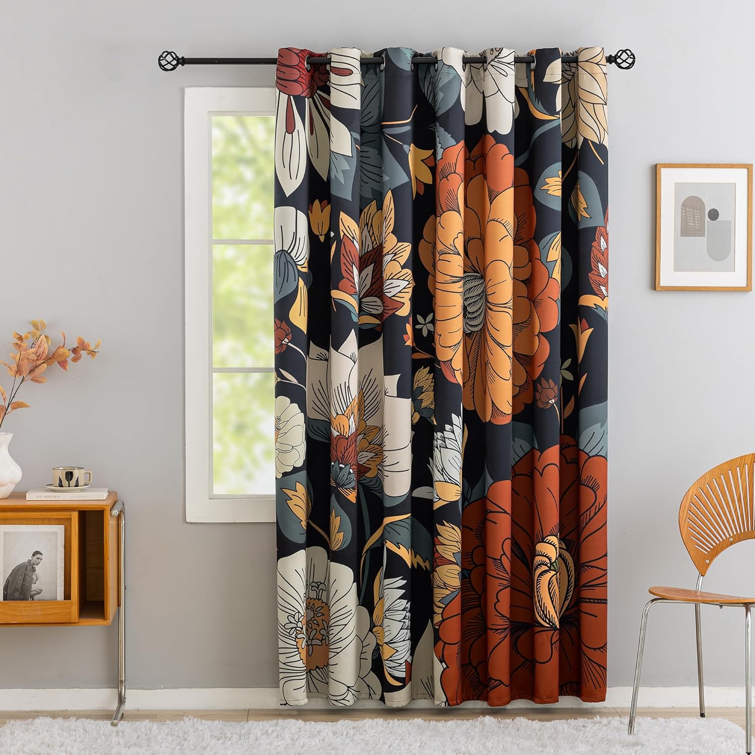 Black Boho Floral 100% Blackout Curtains for Bedroom 96 inch Long 2 Panels Mid Century Botanical Black Out Curtains for Living Room Grommet Thermal Insulated Room Darkening Window Drapes,52Wx96L