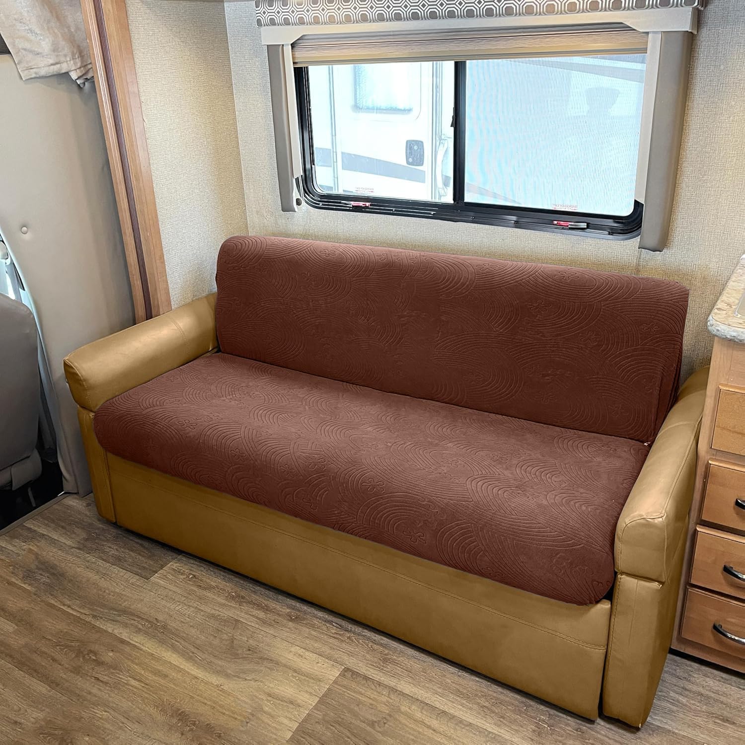 Hudson Comfort RV Couch Covers for Sofa Bed – 2-Piece Backrest and Seat Covers Ideal for Jackknife – Camper Slip Covers for RV Furniture – Super Stretchable Fabric with 1cm Elastic (Chocolate)