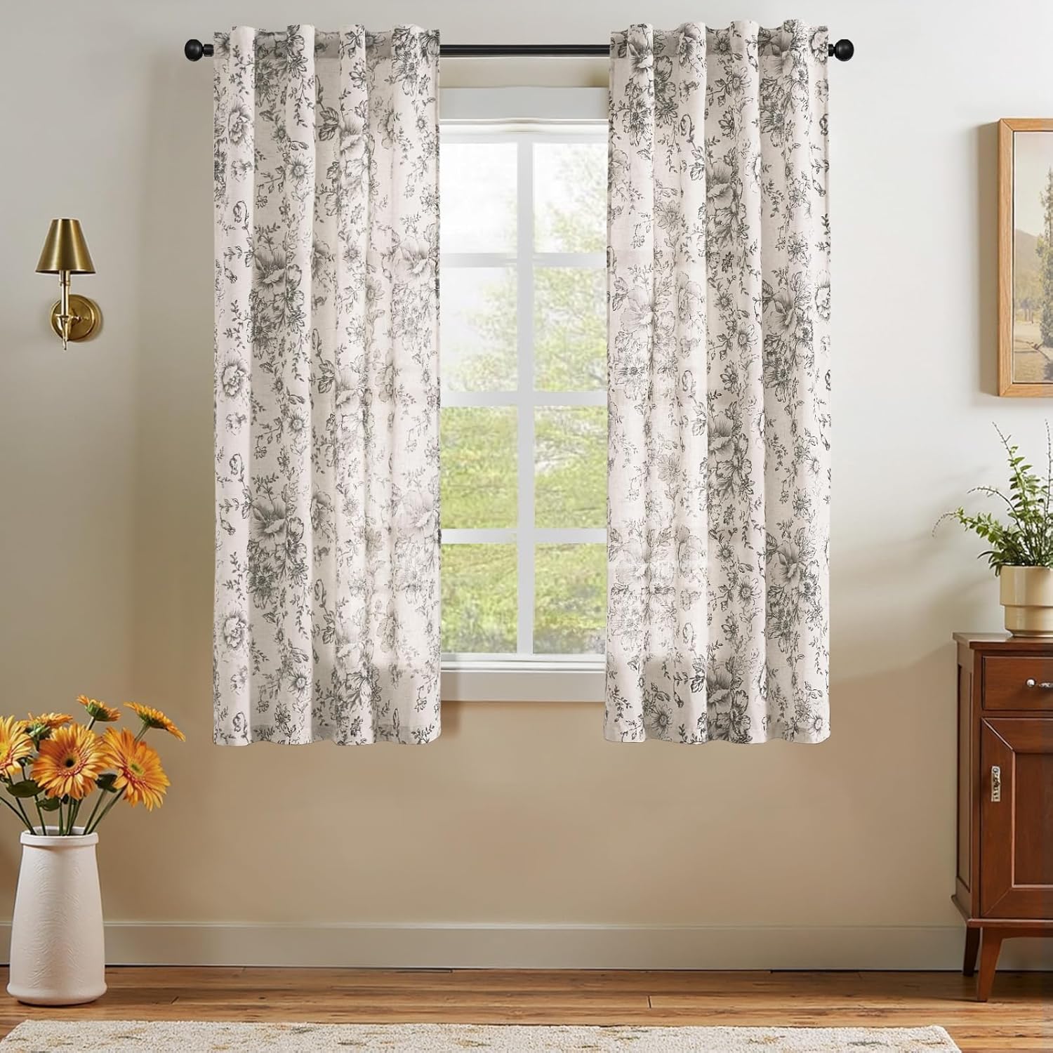 jinchan Linen Blend Curtain Floral Curtains for Living Room 108 Inch Length Black Printed Curtain Rod Pocket Back Tab Farmhouse Peony Flower Patterned Drapes Bedroom Window Curtains Set 2 Panels