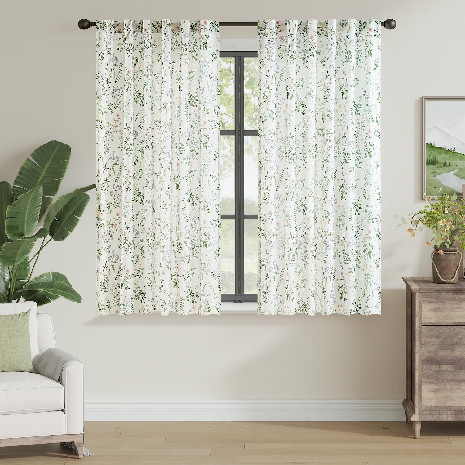 jinchan Linen Blend Curtain Floral Curtains for Living Room 108 Inch Length Black Printed Curtain Rod Pocket Back Tab Farmhouse Peony Flower Patterned Drapes Bedroom Window Curtains Set 2 Panels
