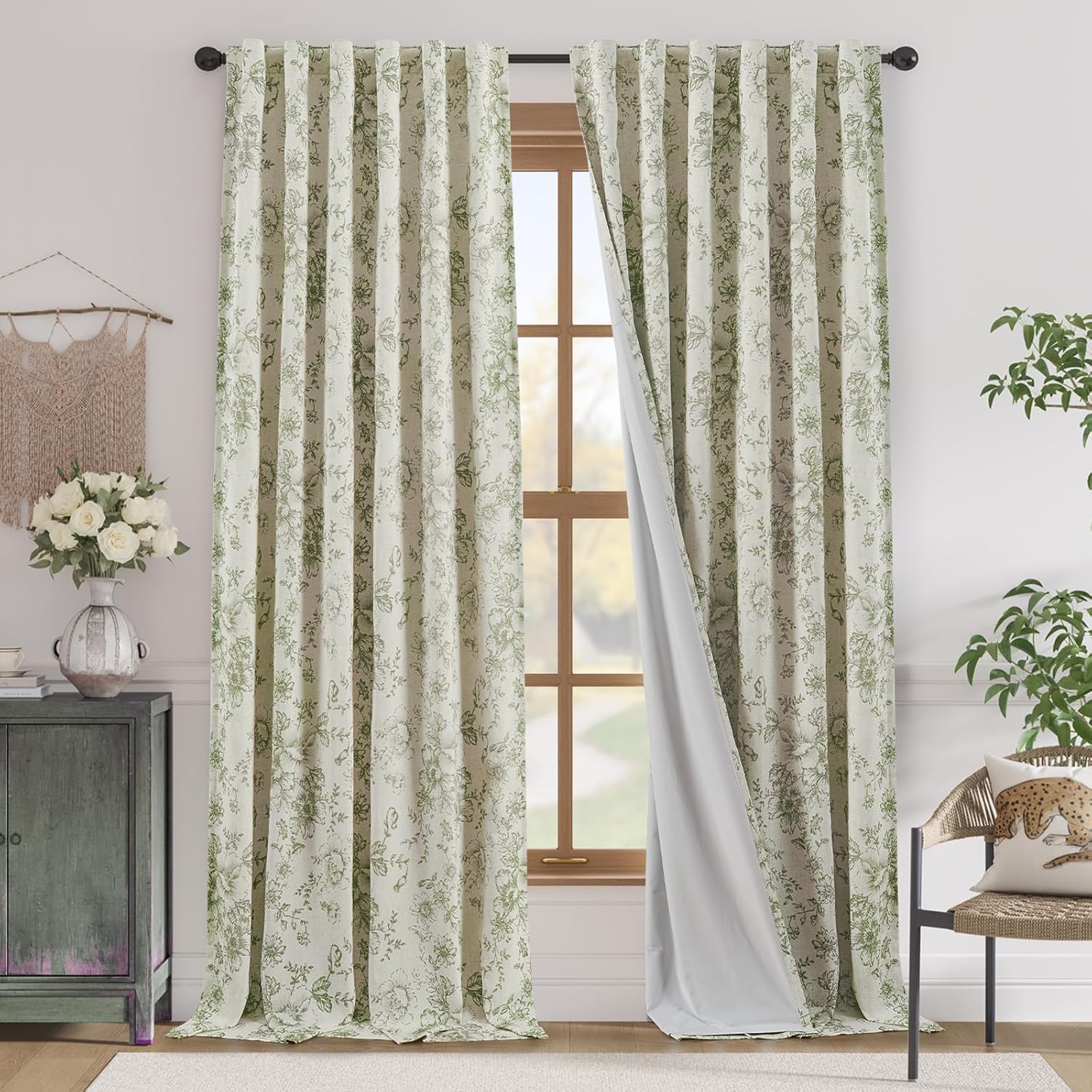jinchan Linen Blend Curtain Floral Curtains for Living Room 108 Inch Length Black Printed Curtain Rod Pocket Back Tab Farmhouse Peony Flower Patterned Drapes Bedroom Window Curtains Set 2 Panels