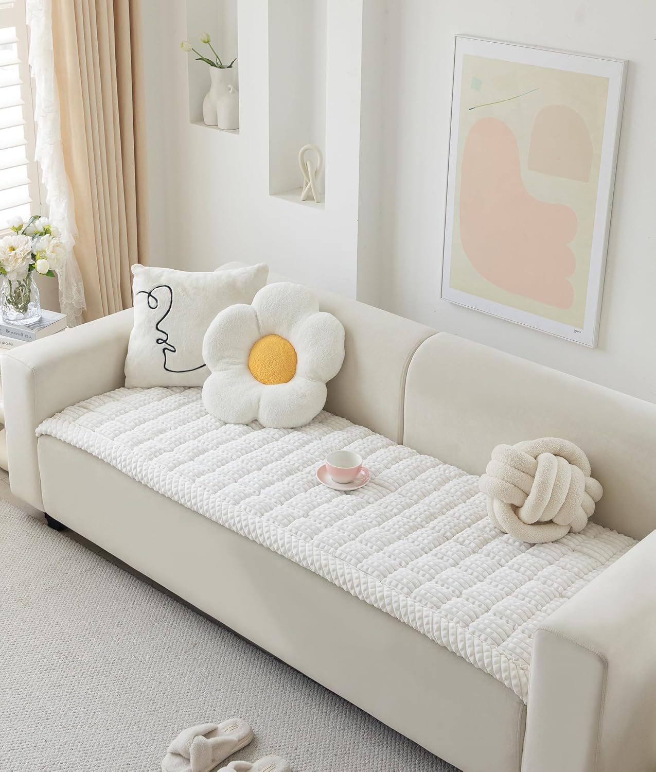 Couch Cover for Dogs Washable, Fuzzy Pet Cover for Sofa, Covers for 3 Cushion Couch Pet Friendly, Non Slip Dog Bed Mat Blanket (White, 27.6x82.7 inch)