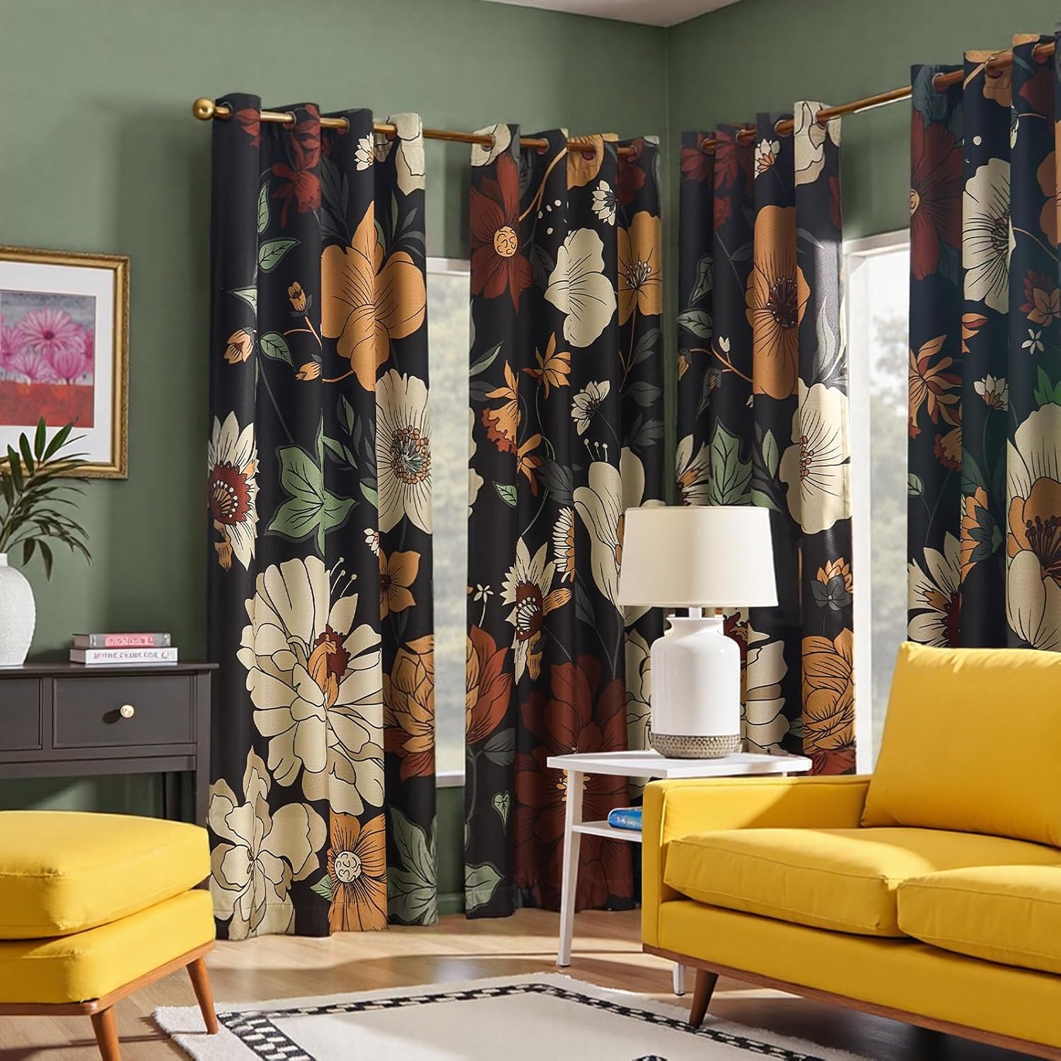 jinchan Lora Floral Curtains for Bedroom Blackout Drapes for Living Room Darkening Fabric Fall Decor Winter Vintage Flower Pattern Printed Window Curtains 84 Inches Length 2 Panels with Grommet Black
