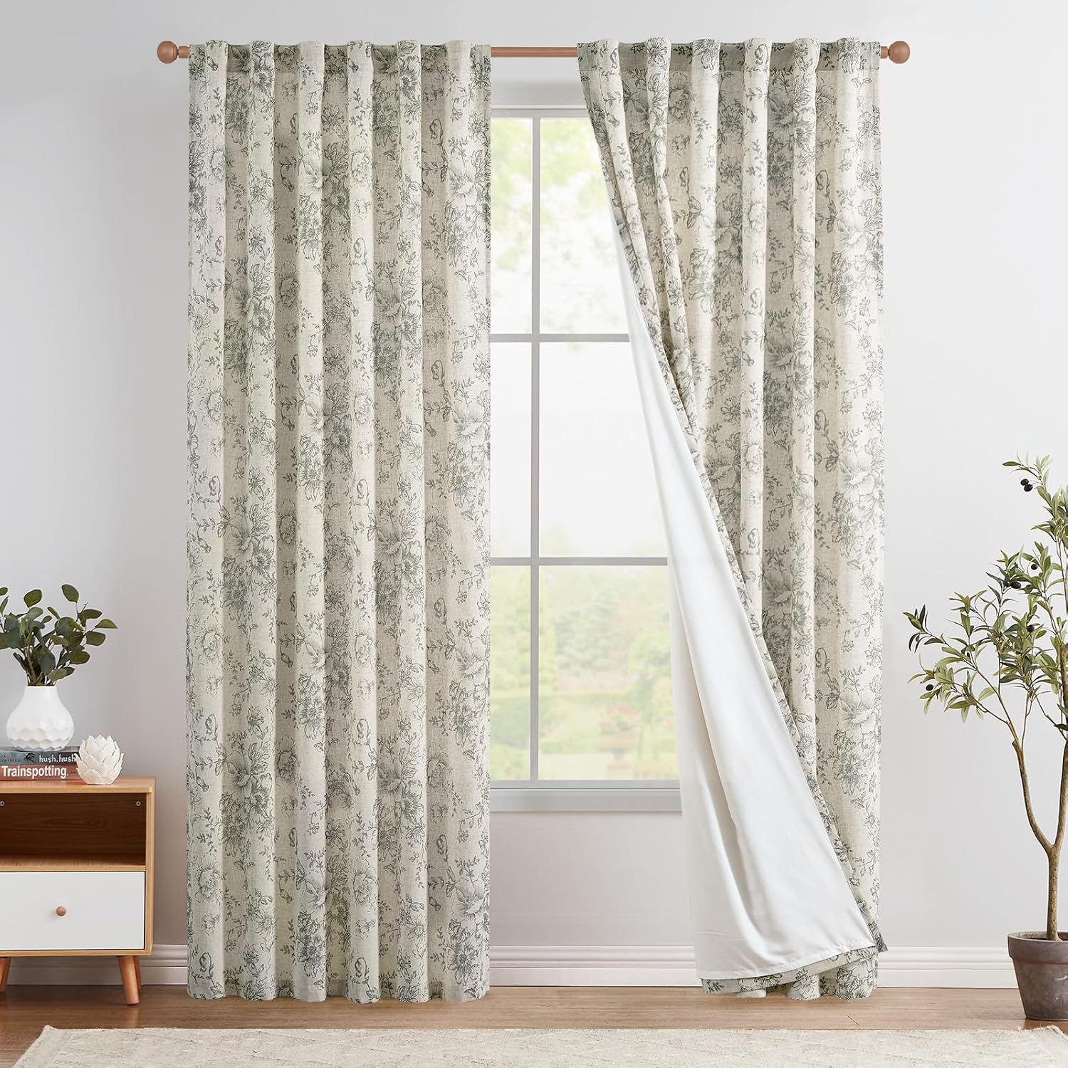 jinchan Linen Blend Curtain Floral Curtains for Living Room 108 Inch Length Black Printed Curtain Rod Pocket Back Tab Farmhouse Peony Flower Patterned Drapes Bedroom Window Curtains Set 2 Panels
