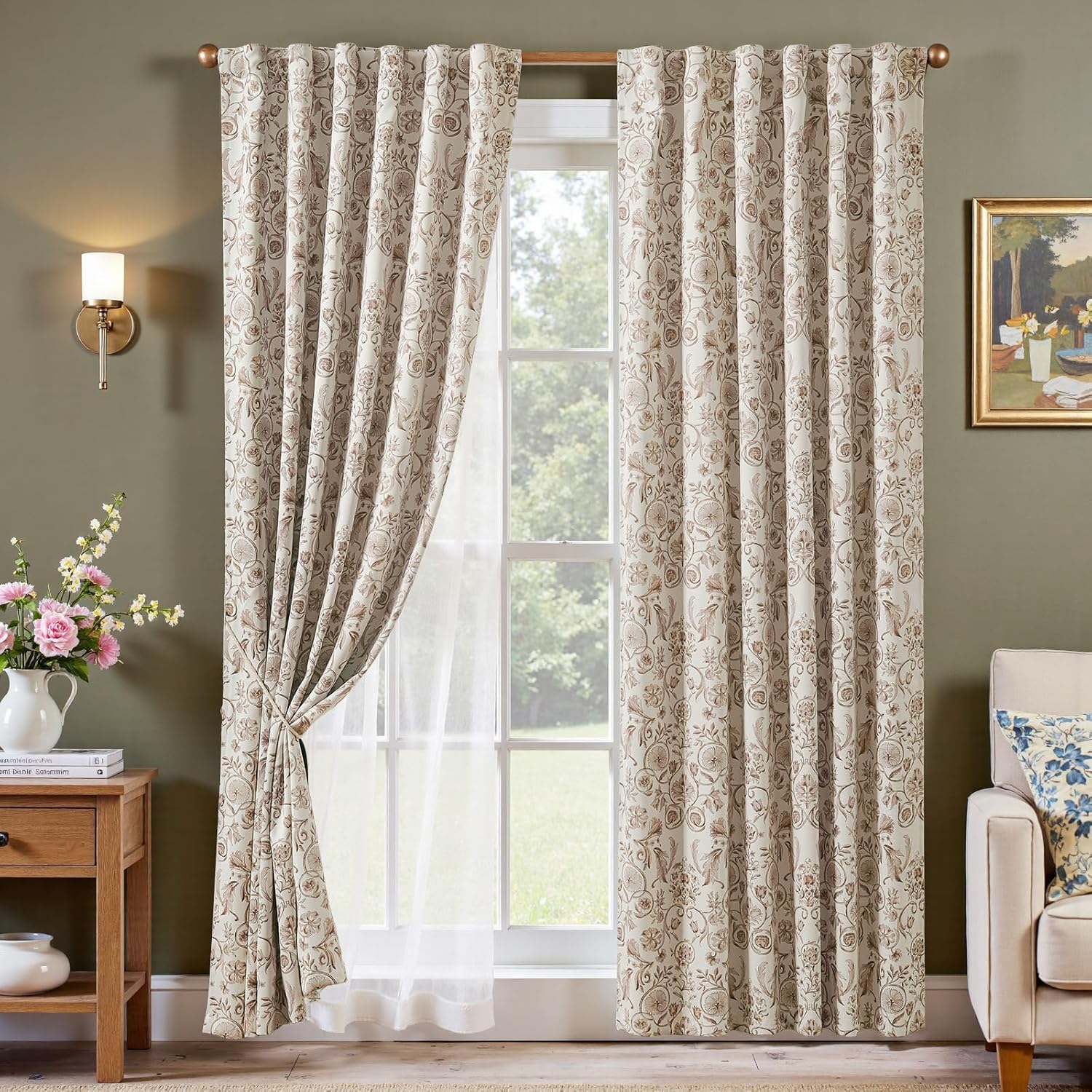 jinchan Floral Blackout Curtains for Bedroom Living Room 84 Inches Length Farmhouse Curtains Room Darkening Vintage Drapes Traditional Rod Pocket Window Treatment 2 Panels Set Sage Green on Beige