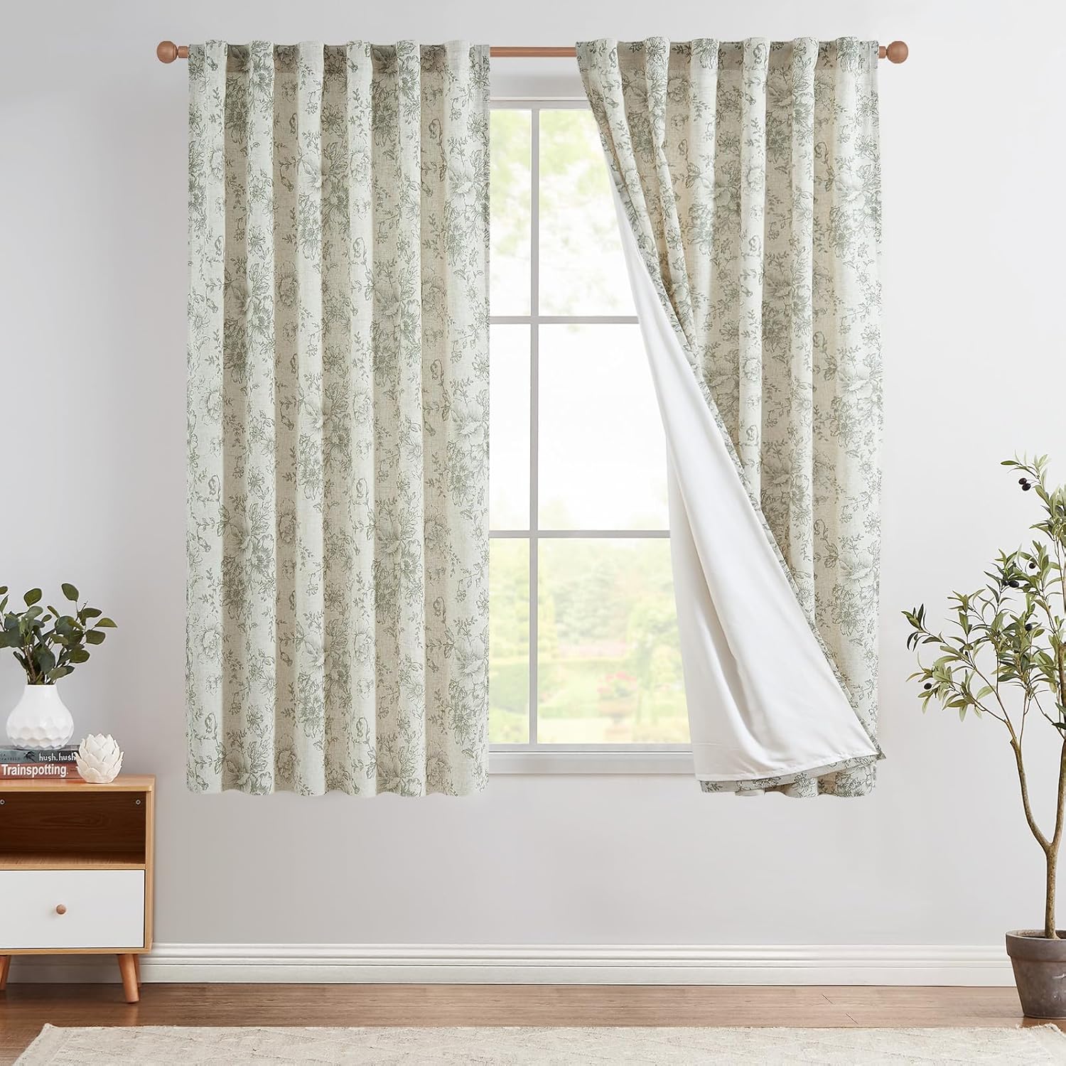 jinchan Linen Blend Curtain Floral Curtains for Living Room 108 Inch Length Black Printed Curtain Rod Pocket Back Tab Farmhouse Peony Flower Patterned Drapes Bedroom Window Curtains Set 2 Panels