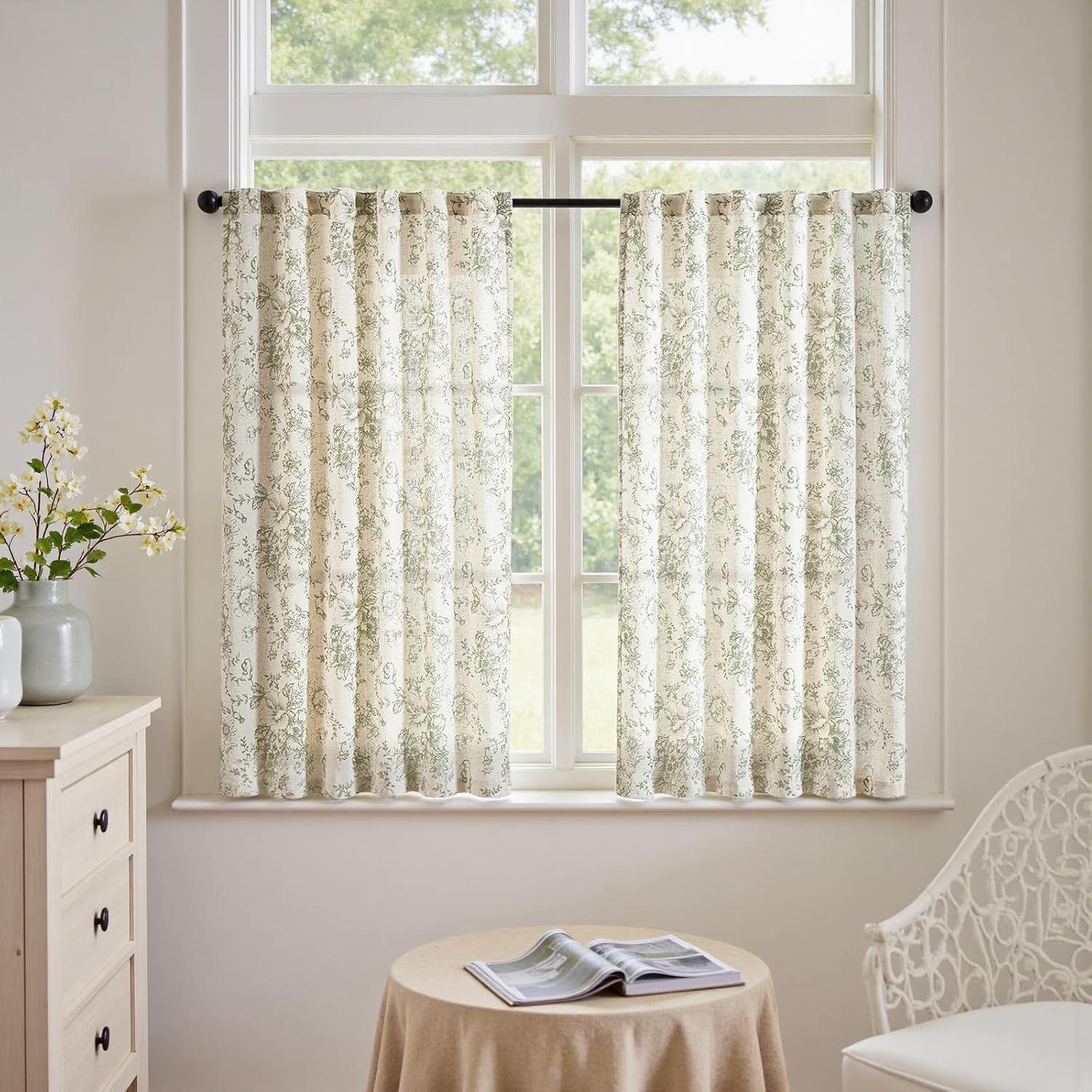 jinchan Linen Blend Curtain Floral Curtains for Living Room 108 Inch Length Black Printed Curtain Rod Pocket Back Tab Farmhouse Peony Flower Patterned Drapes Bedroom Window Curtains Set 2 Panels