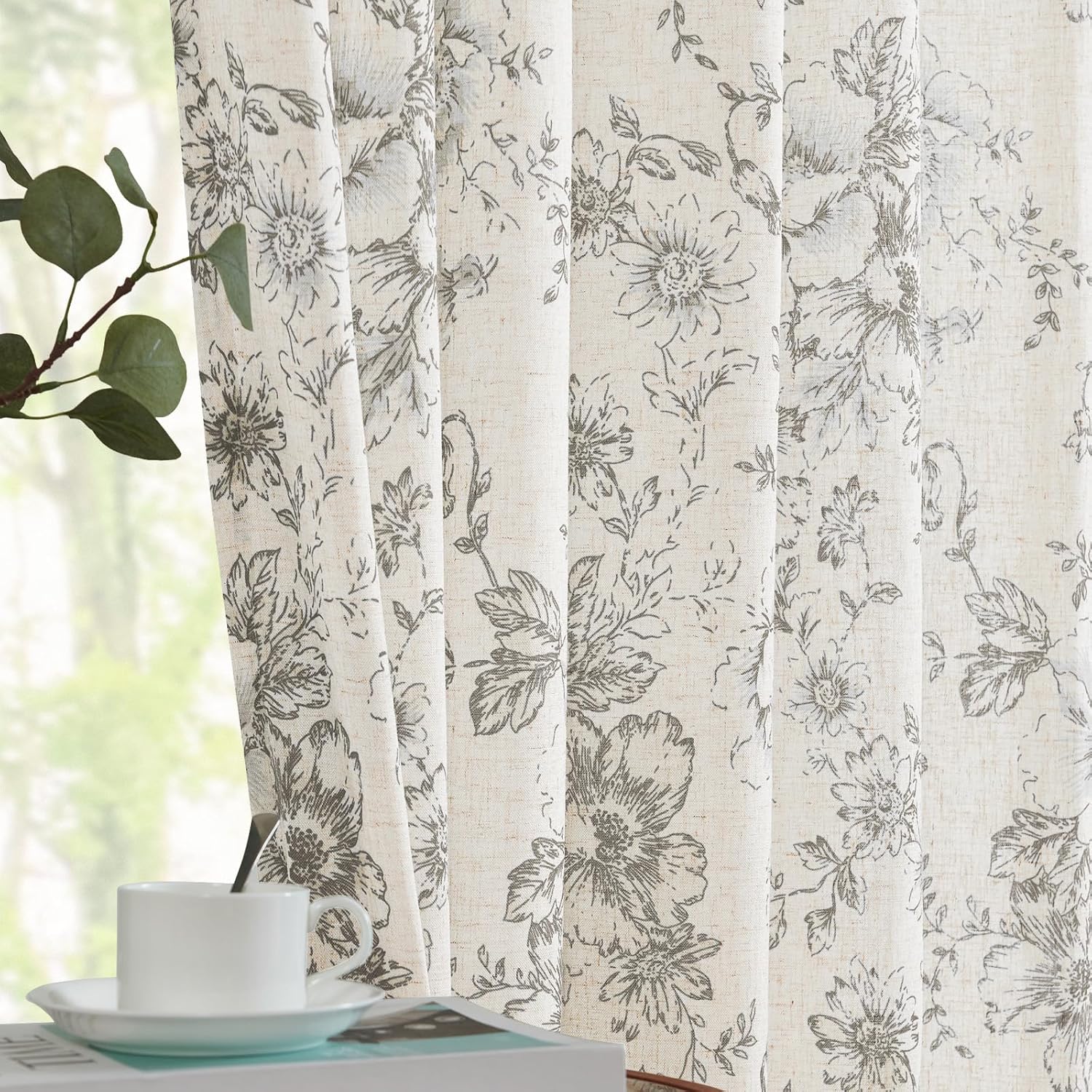 jinchan Linen Blend Curtain Floral Curtains for Living Room 108 Inch Length Black Printed Curtain Rod Pocket Back Tab Farmhouse Peony Flower Patterned Drapes Bedroom Window Curtains Set 2 Panels