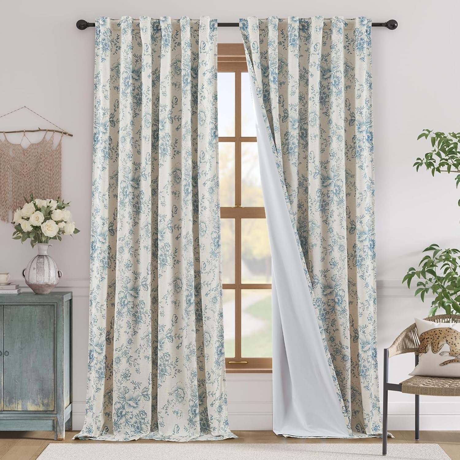 jinchan Linen Blend Curtain Floral Curtains for Living Room 108 Inch Length Black Printed Curtain Rod Pocket Back Tab Farmhouse Peony Flower Patterned Drapes Bedroom Window Curtains Set 2 Panels