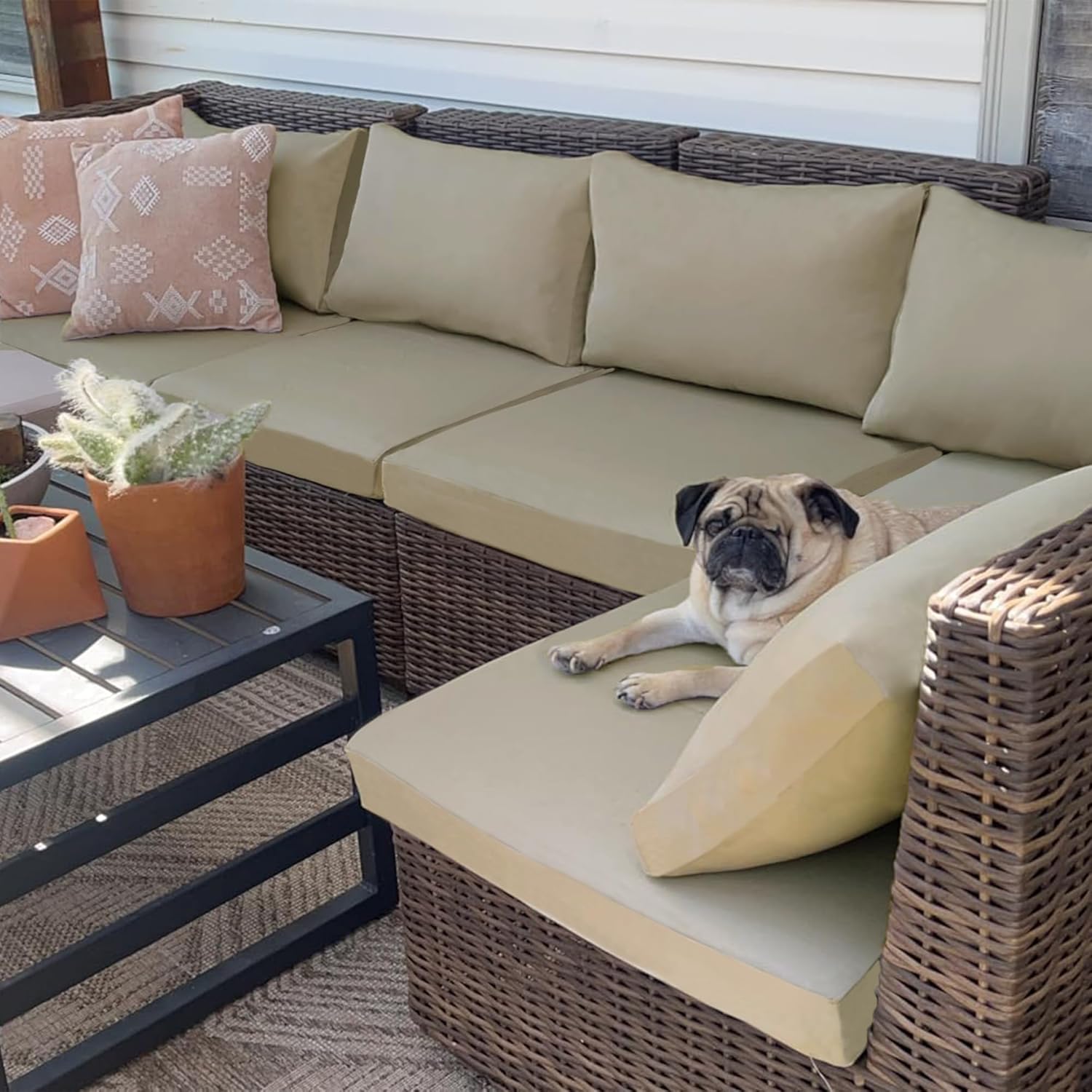 Sqodok Outdoor Cushion Covers 14Pcs Patio Cushion Slipcovers, Replacement Waterproof for 6-Seaters Sofa, Outdoor Furniture Cushion Slipcovers Set Seat and Back, Covers Only, Tan